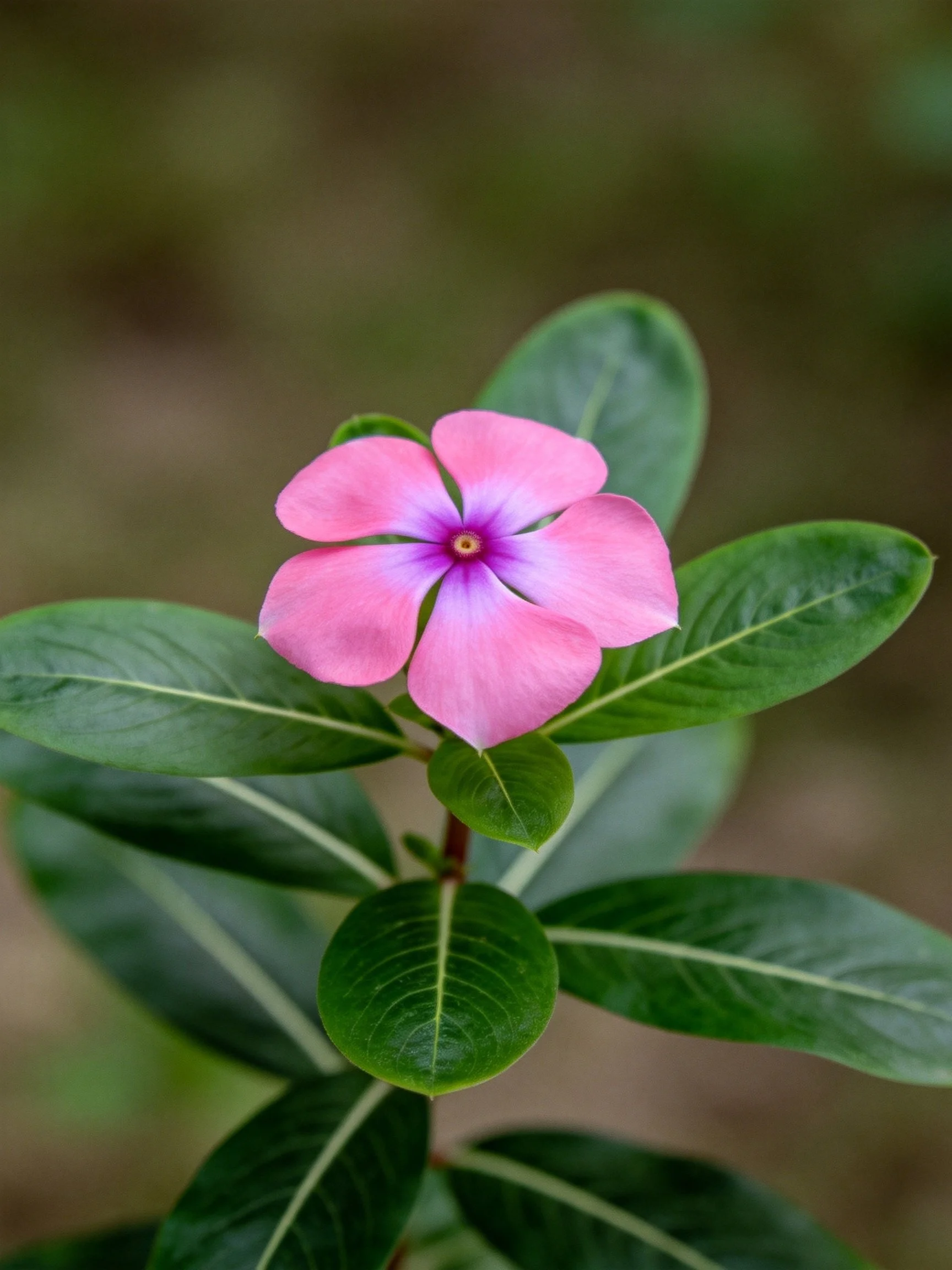 A vibrant pink five-petaled flower among glossy green leaves