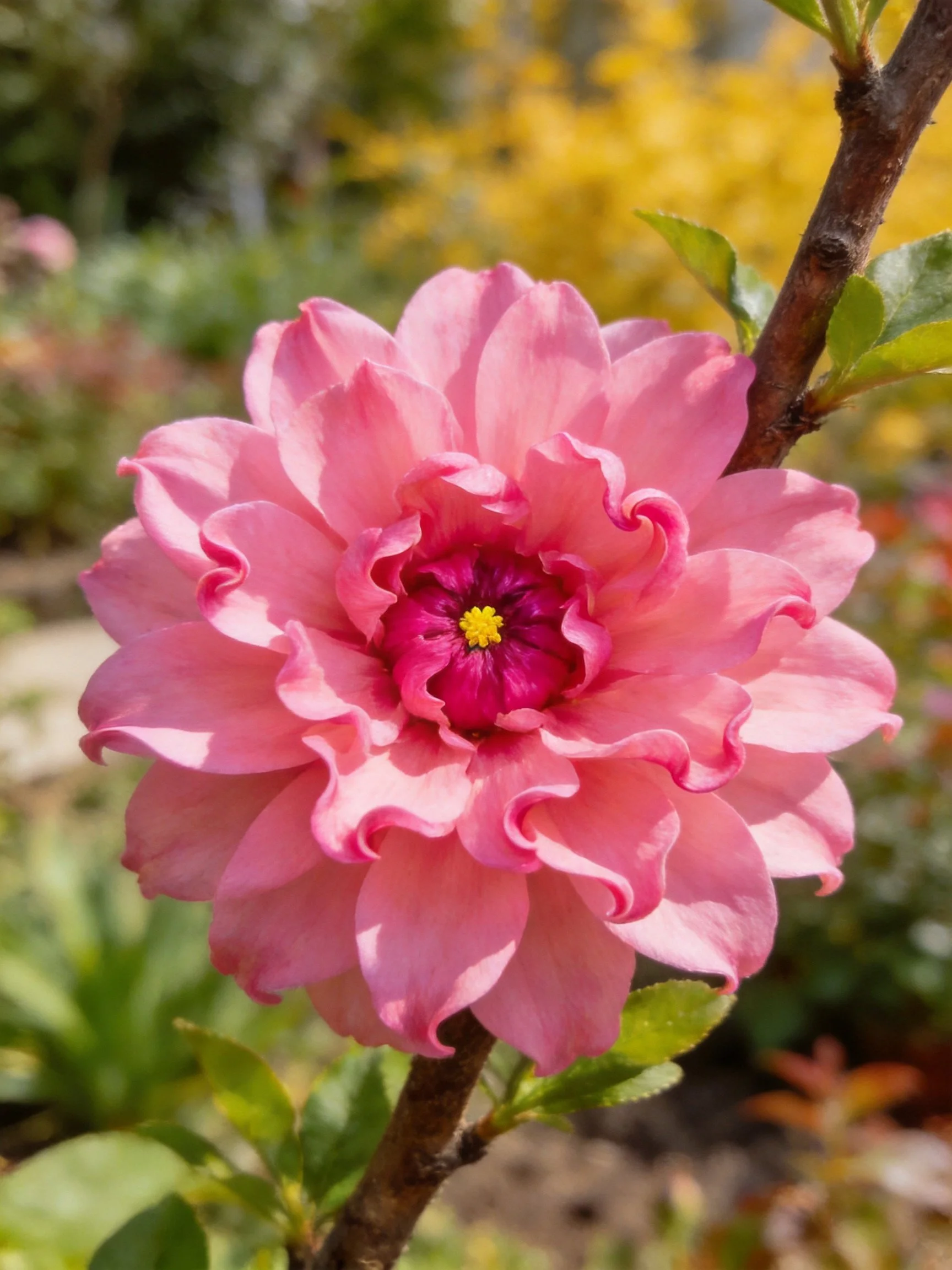 A vibrant pink flower with layered petals and central detail