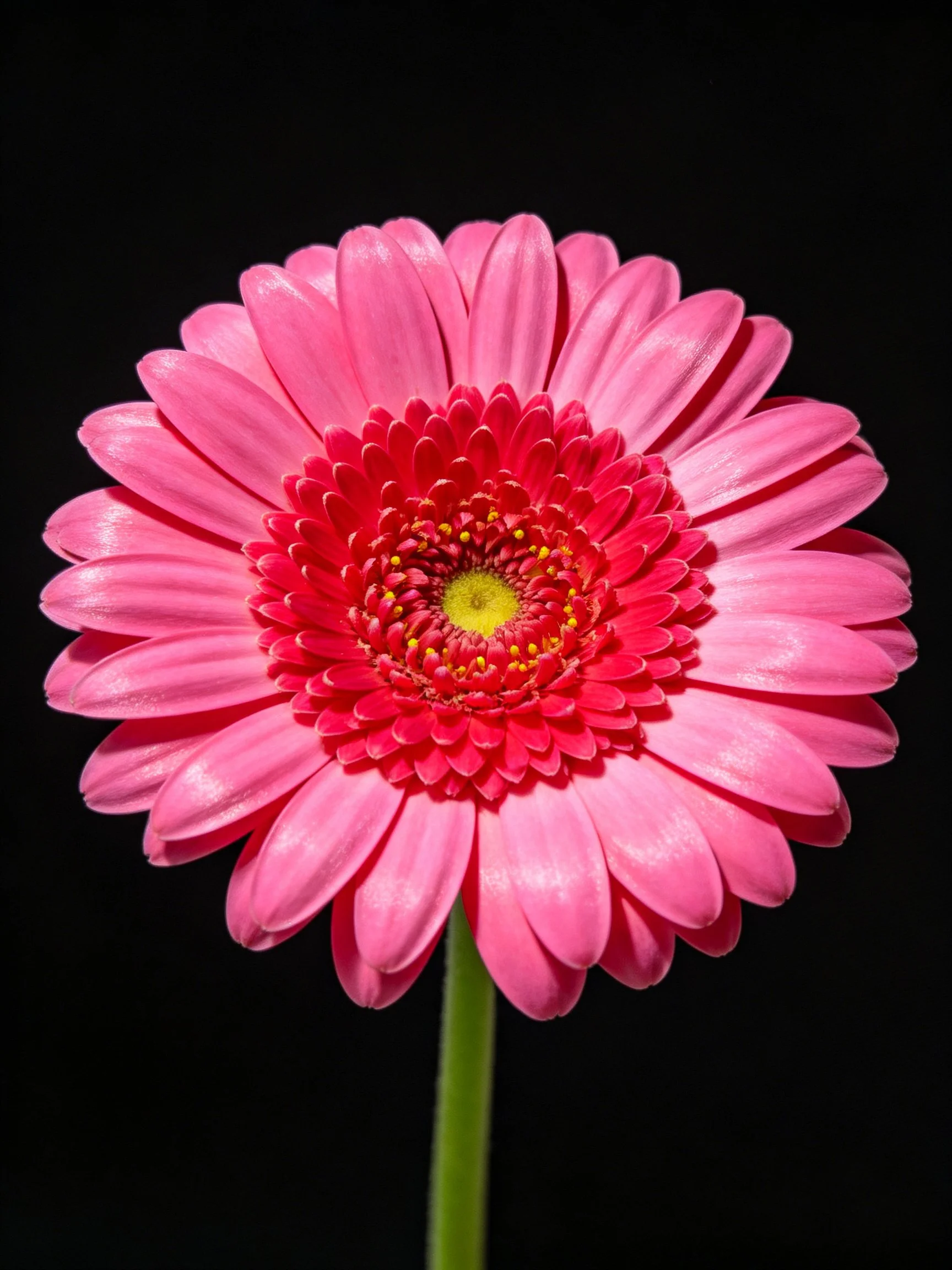 A vibrant pink gerbera daisy with red central layers on black background