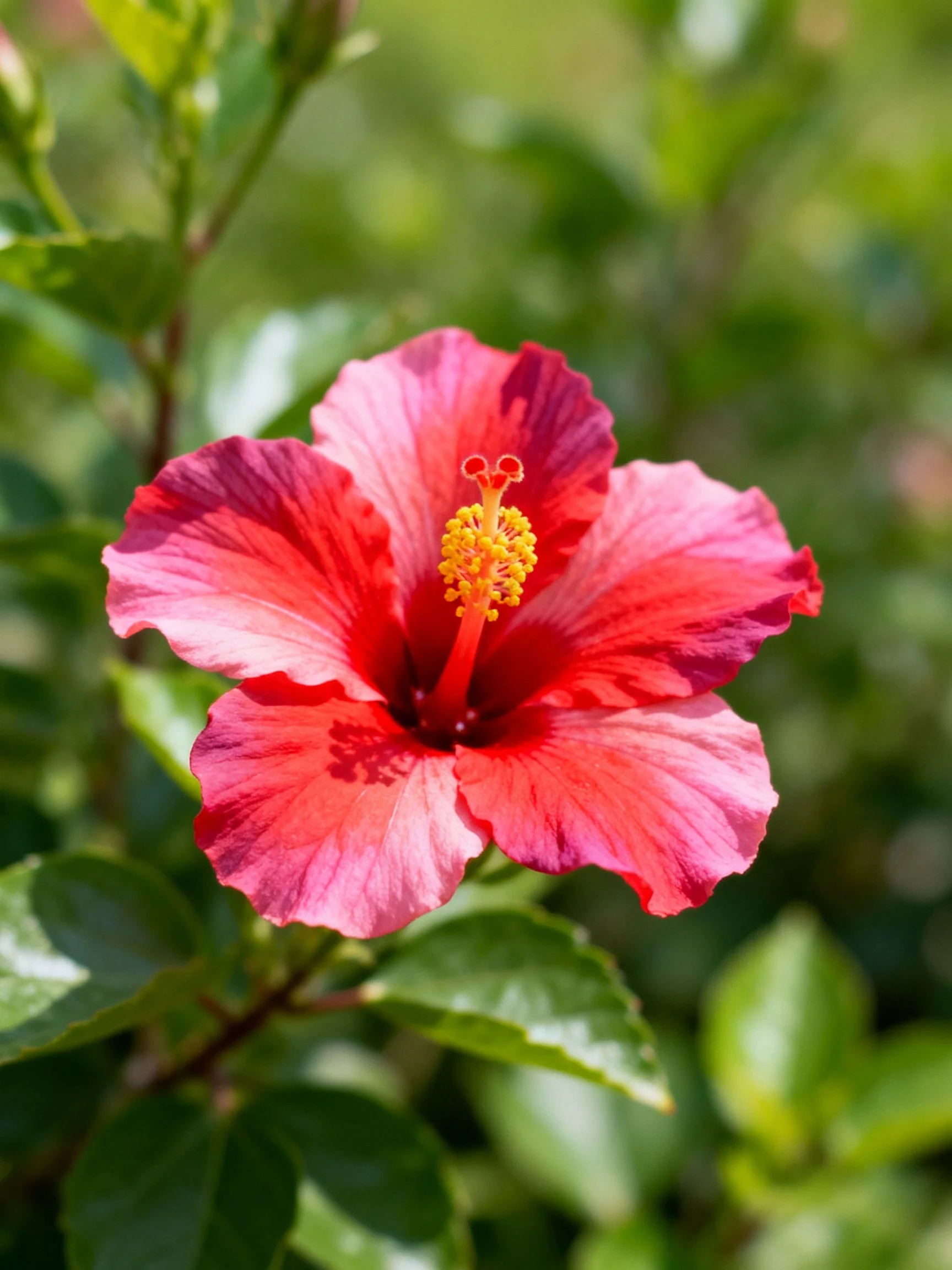 A vibrant pink hibiscus flower surrounded by lush green leaves