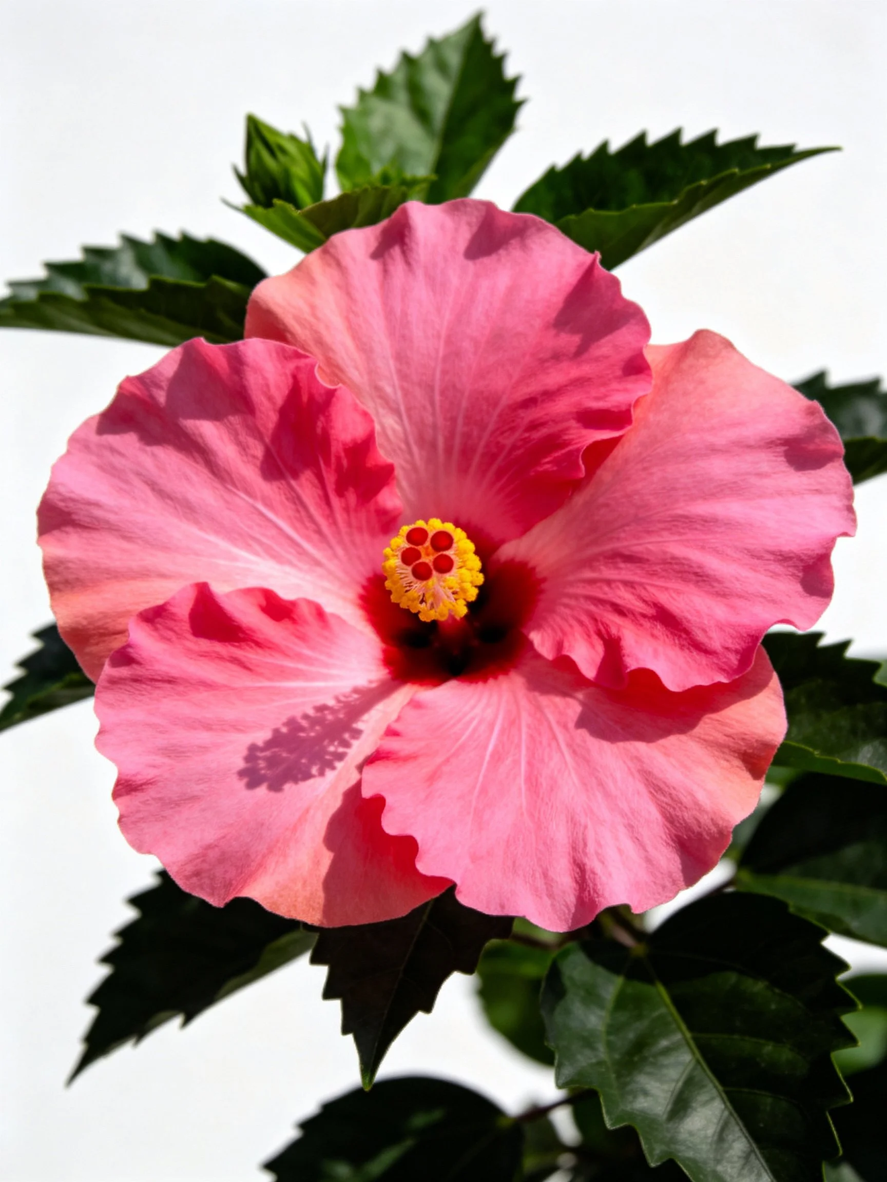 A vibrant pink hibiscus flower with dark green leaves