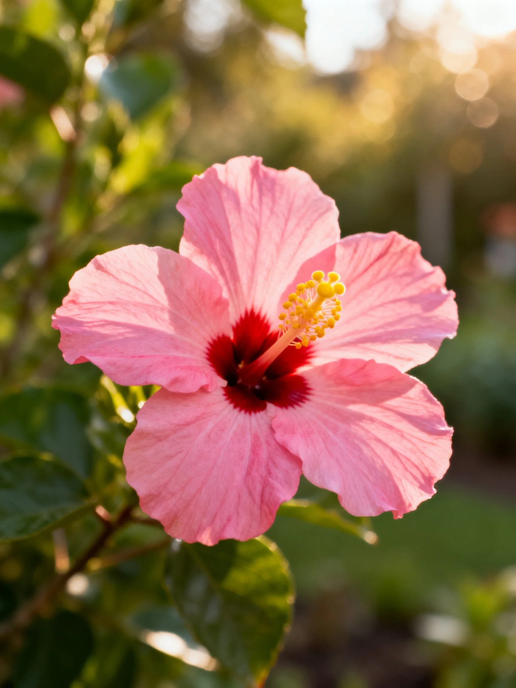 A vibrant pink hibiscus flower with deep red center