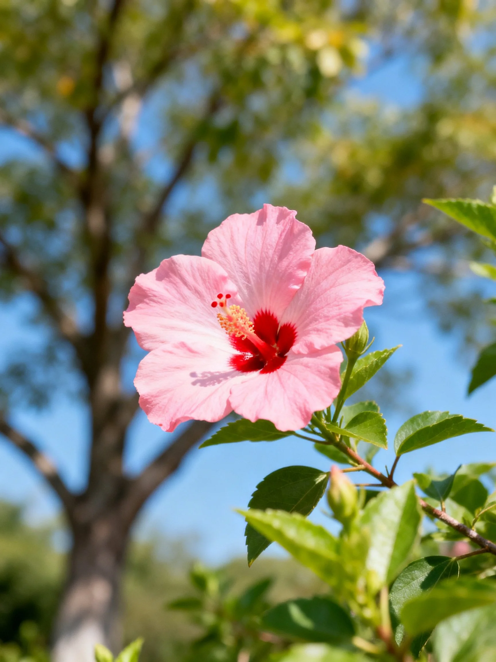 A vibrant pink hibiscus flower with red center near green foliage