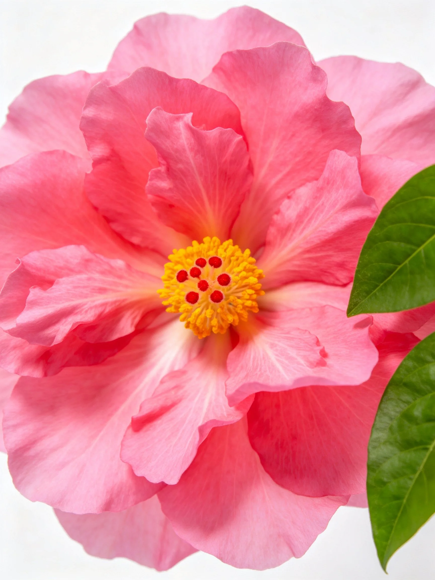 A vibrant pink hibiscus flower with yellow center and green leaves