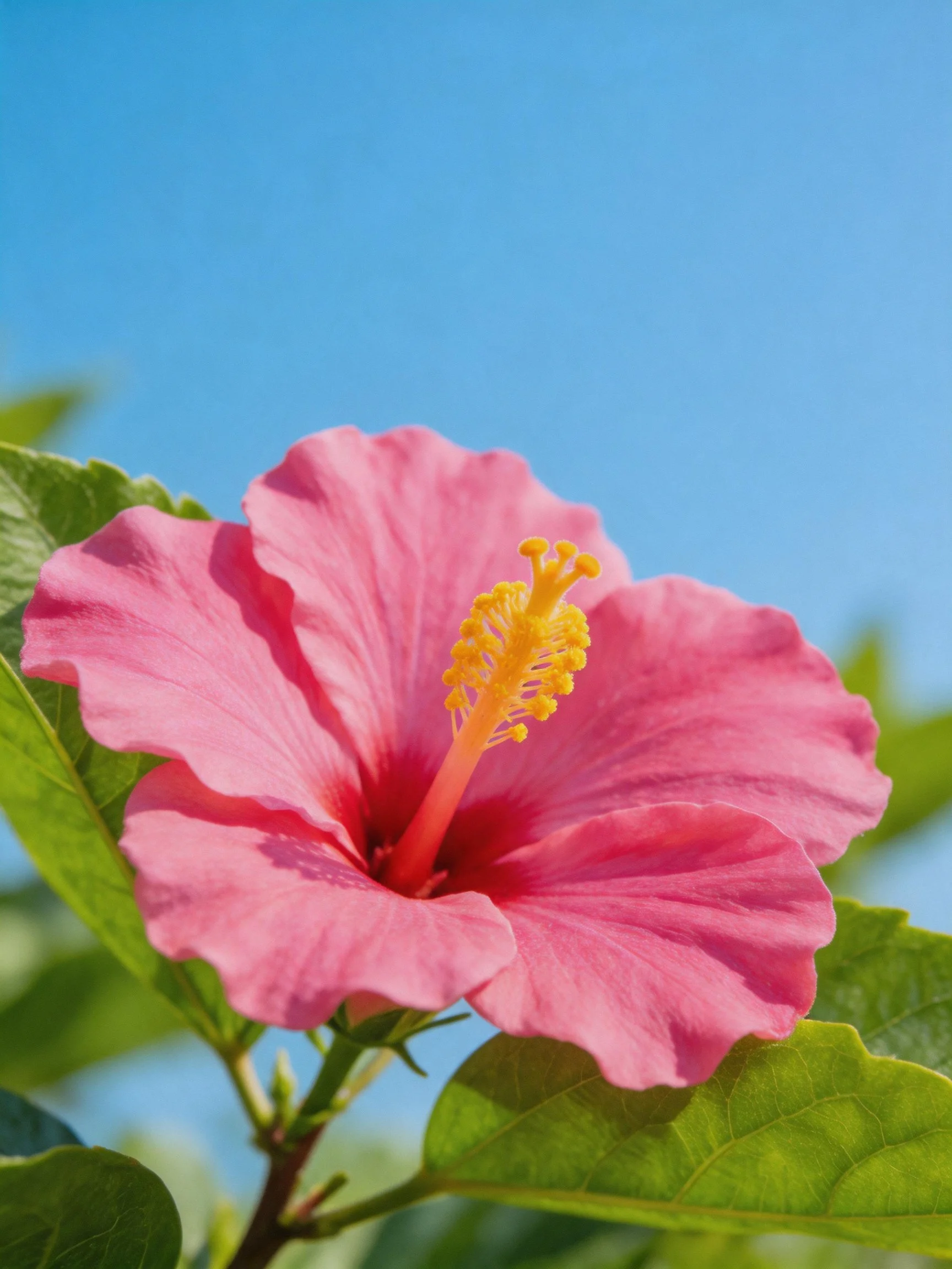 A vibrant pink hibiscus with yellow stamens against a blue sky