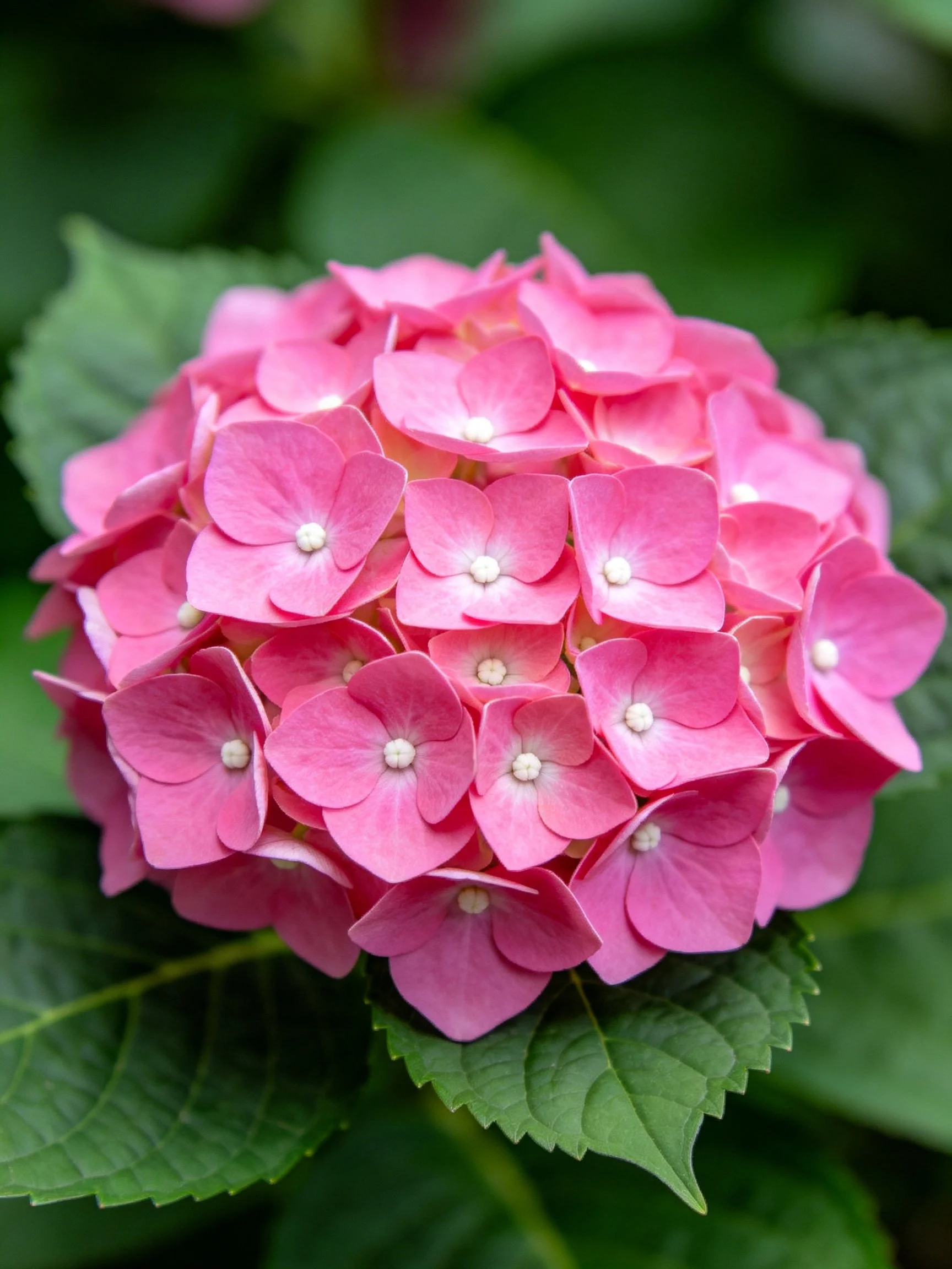 A vibrant pink hydrangea cluster surrounded by lush green leaves
