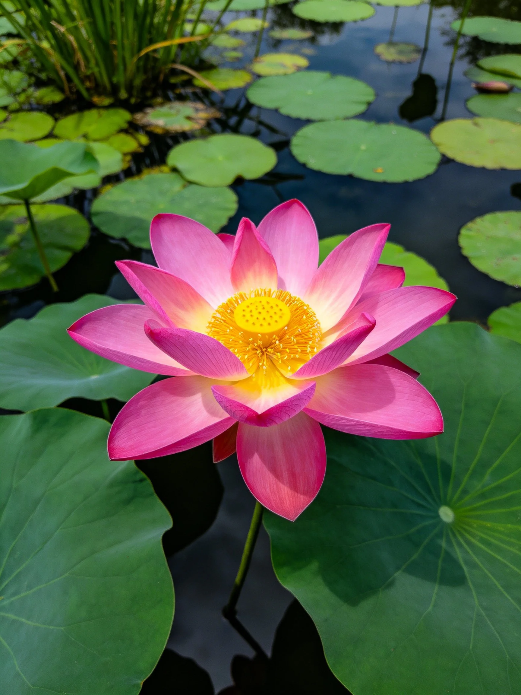 A vibrant pink lotus amid large green lily pads in calm water