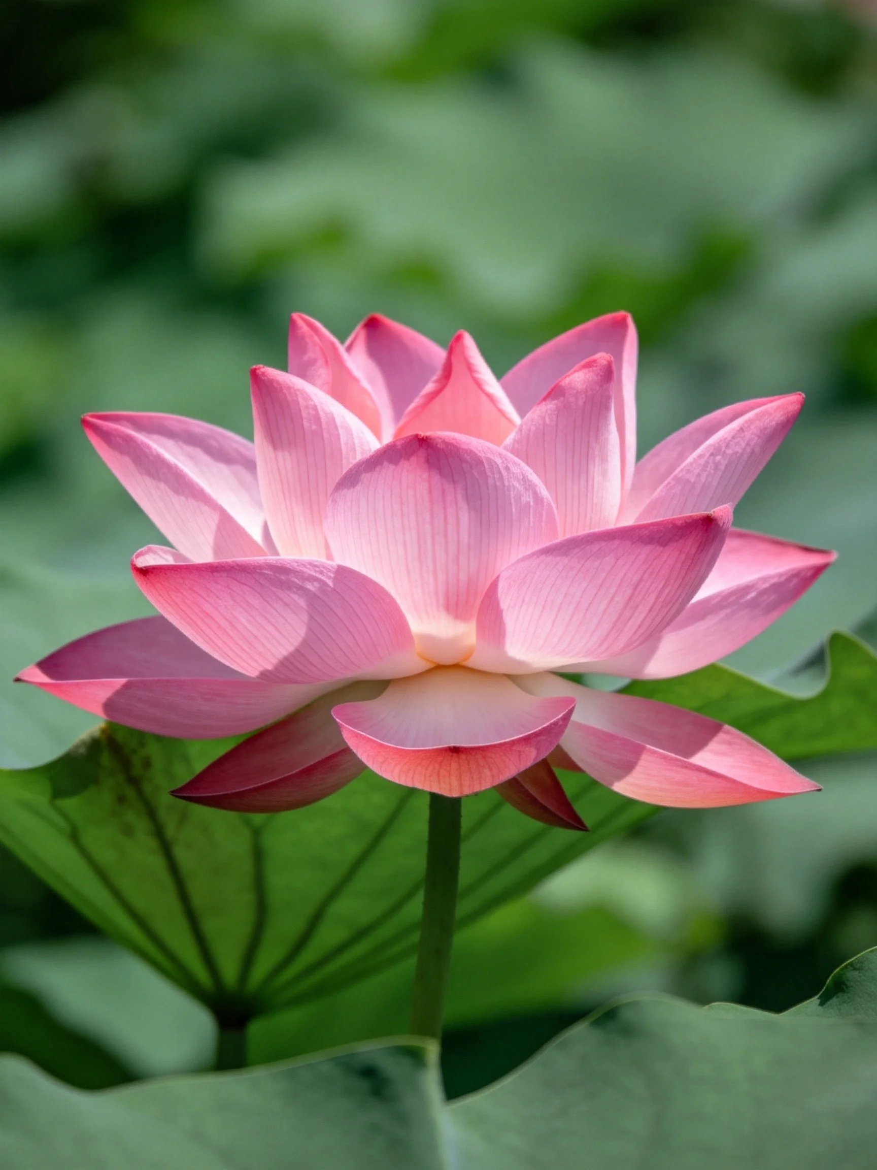 A vibrant pink lotus bloom amid large green leaves