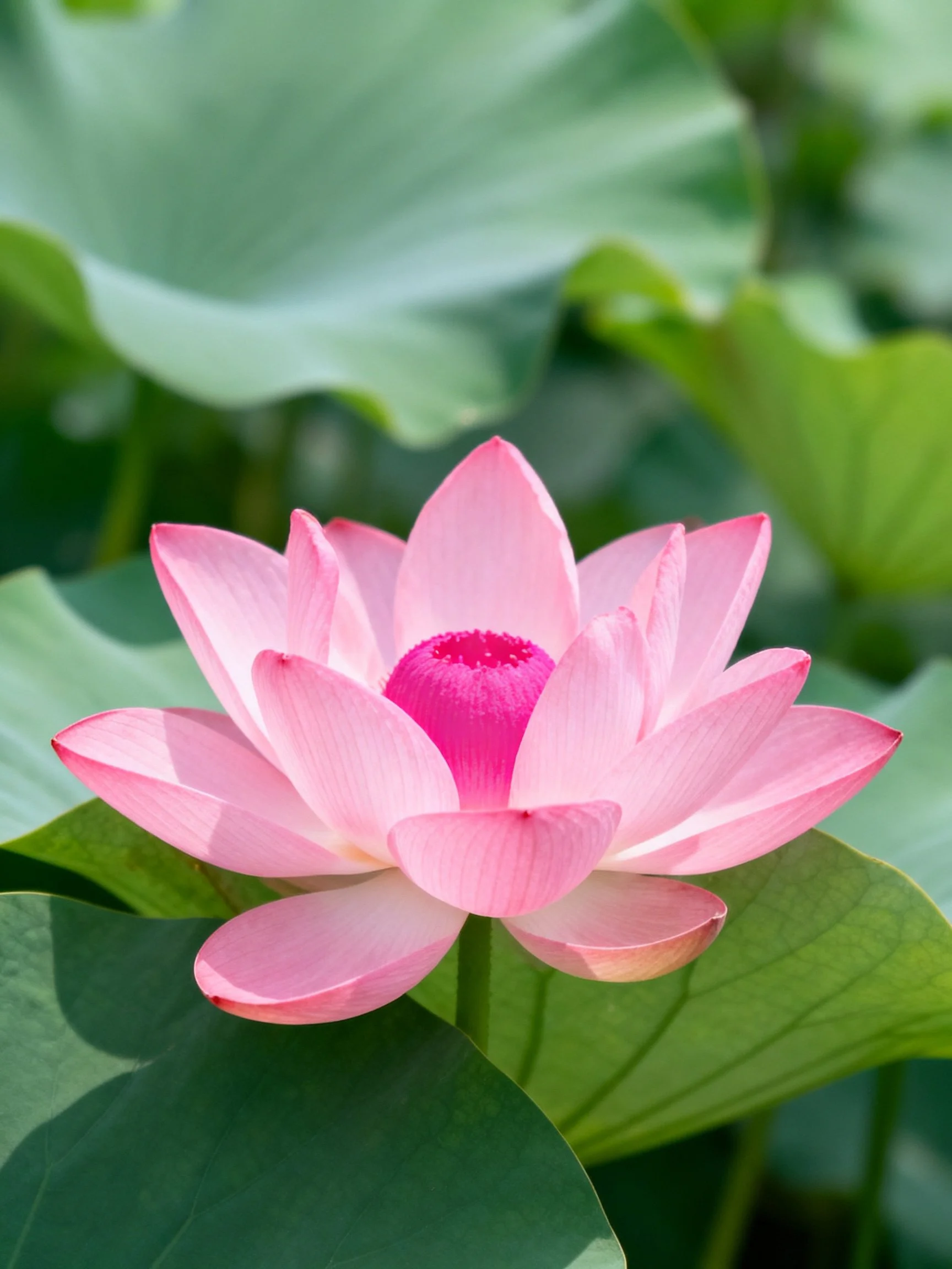 A vibrant pink lotus bloom surrounded by large green leaves
