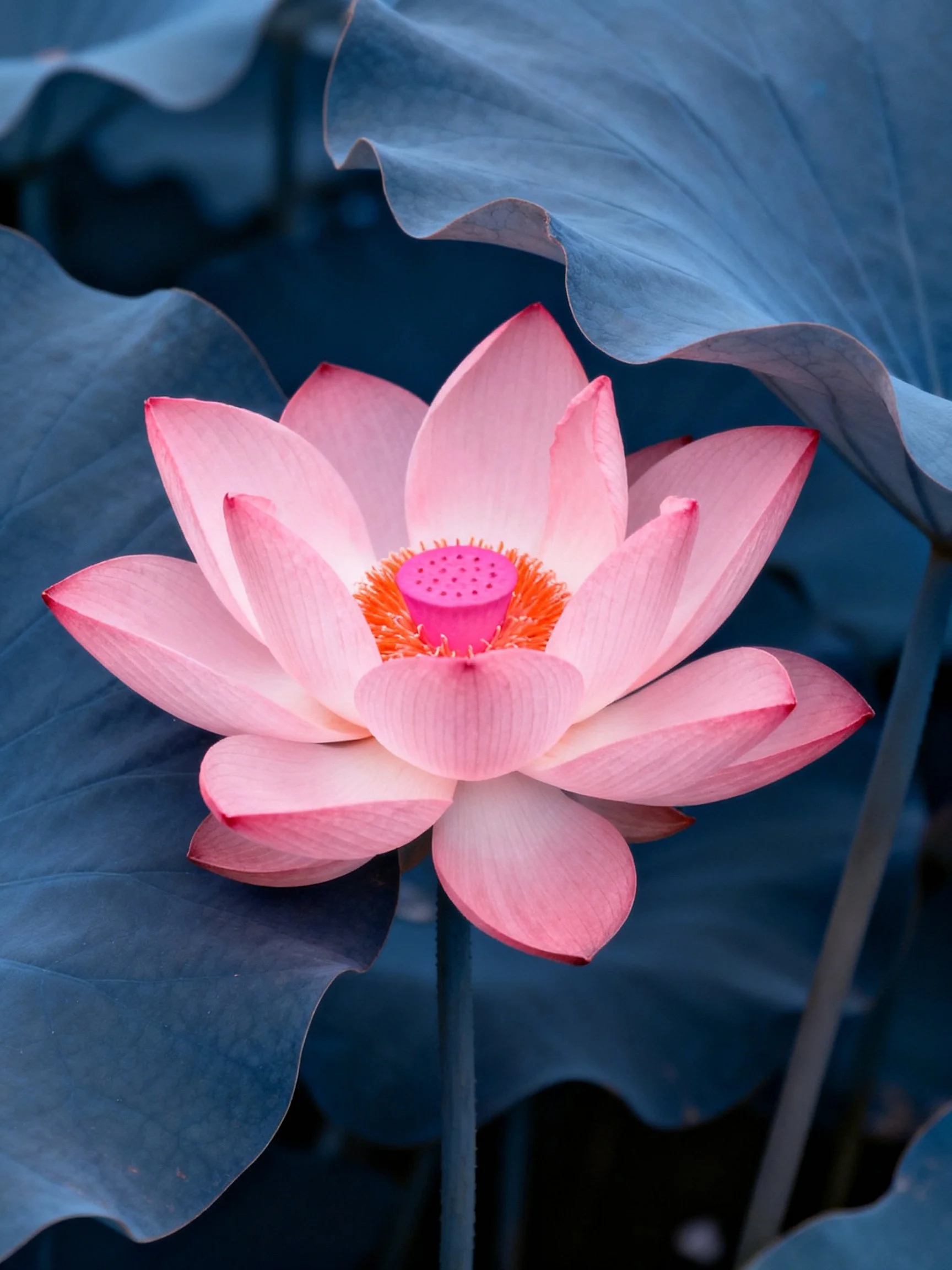 A vibrant pink lotus bloomed among large blue-green leaves