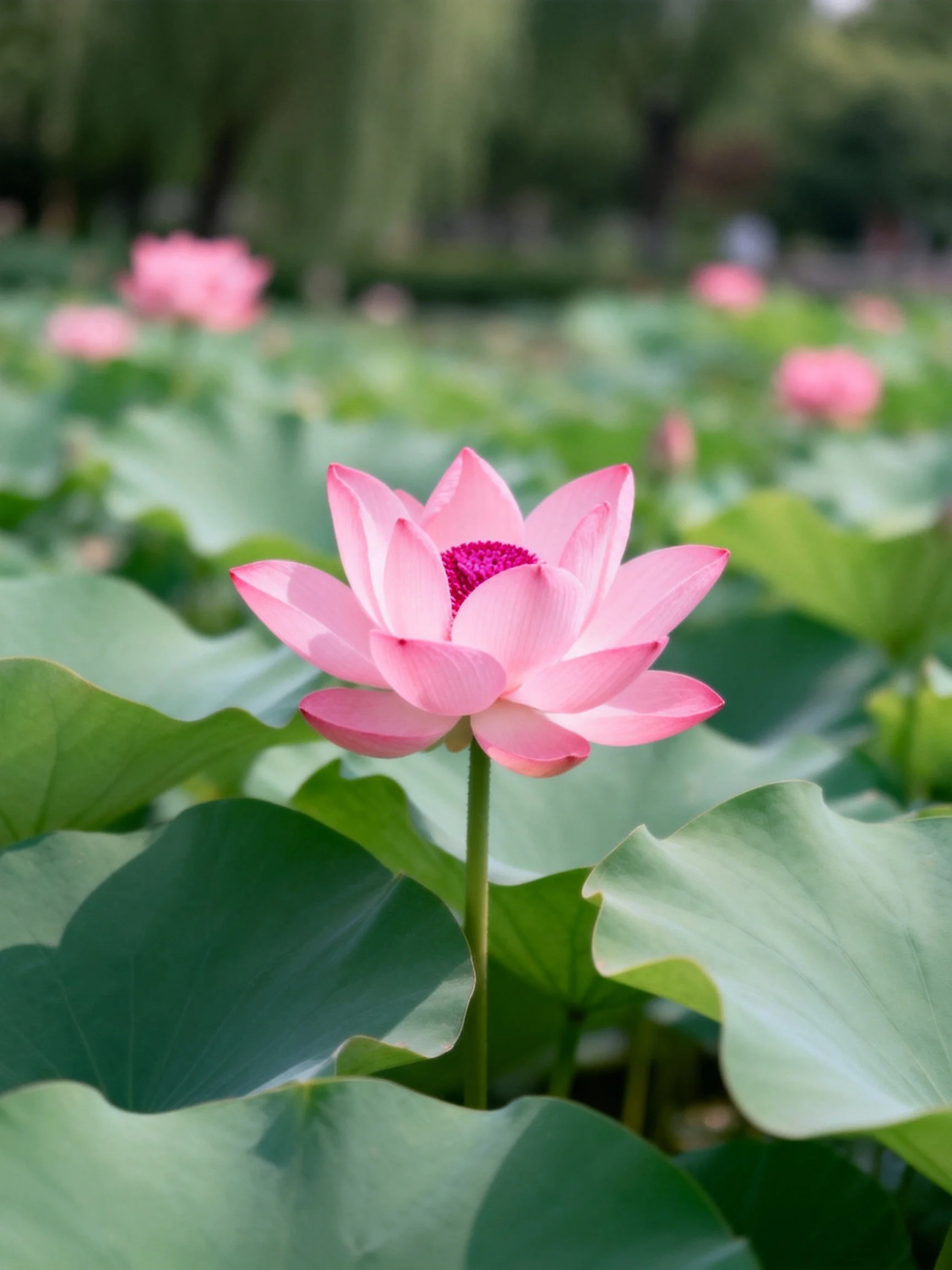 A vibrant pink lotus blooming amid large green lily pads