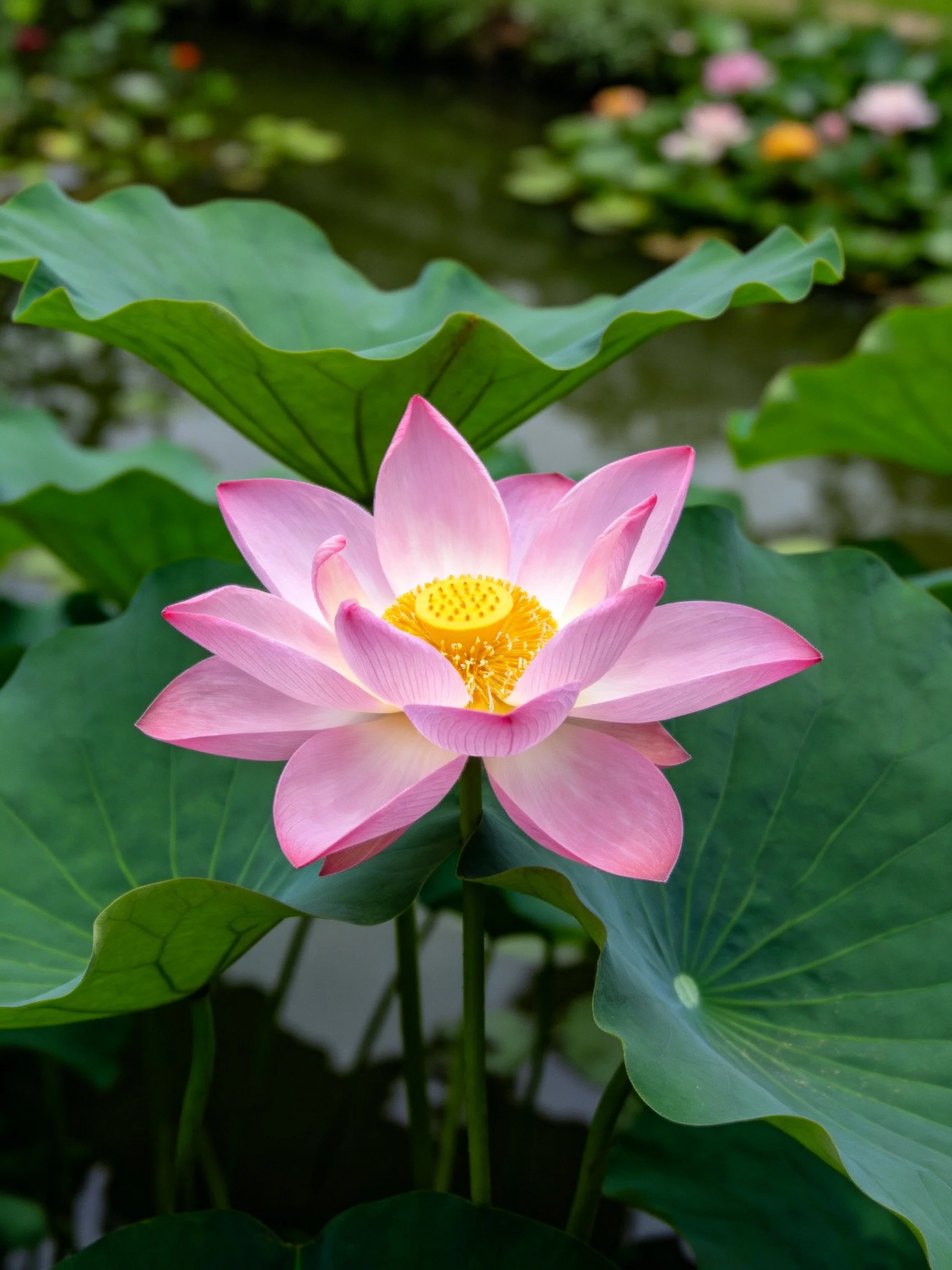 A vibrant pink lotus blooming among large green leaves