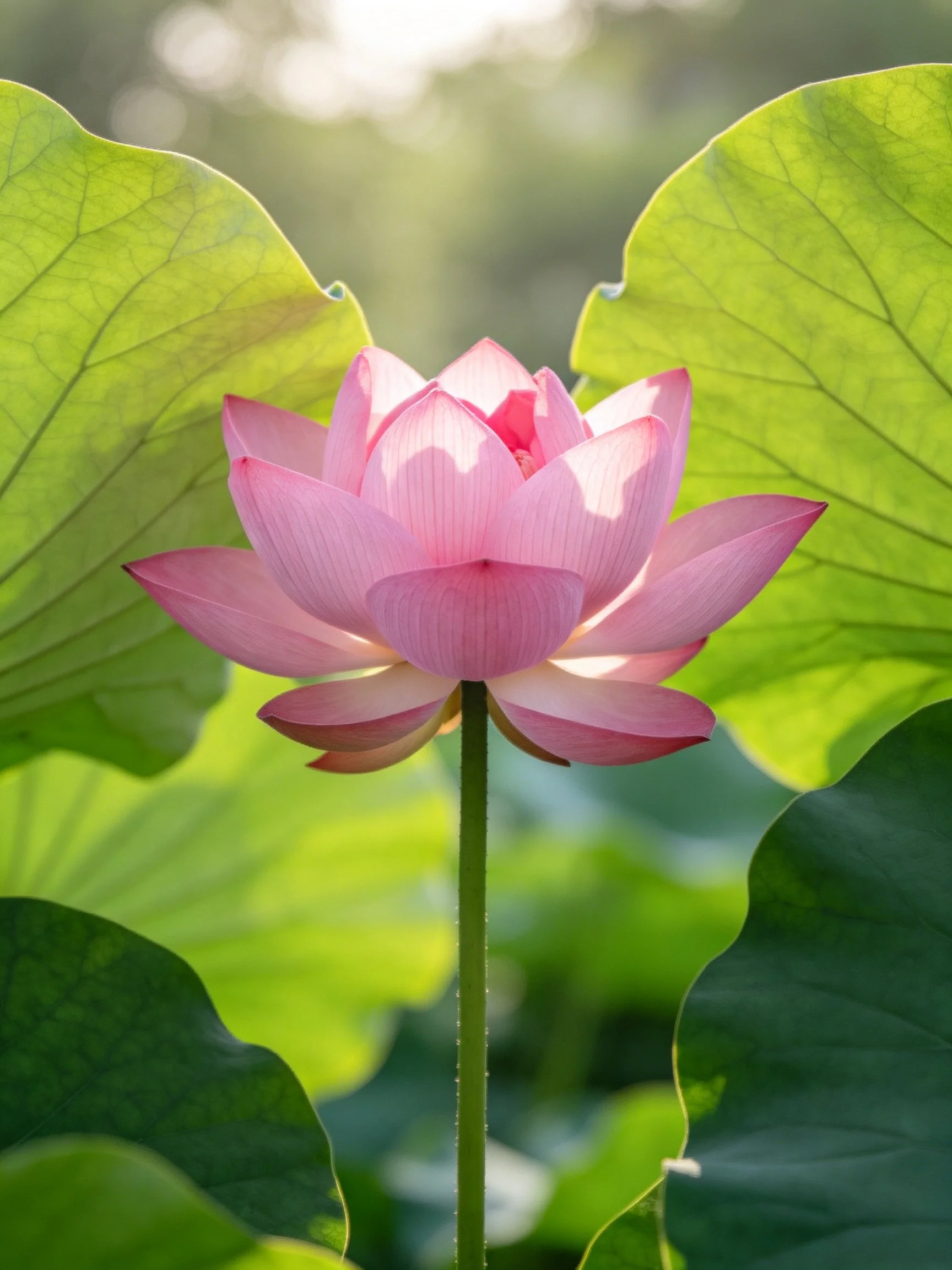 A vibrant pink lotus blooming among large green leaves