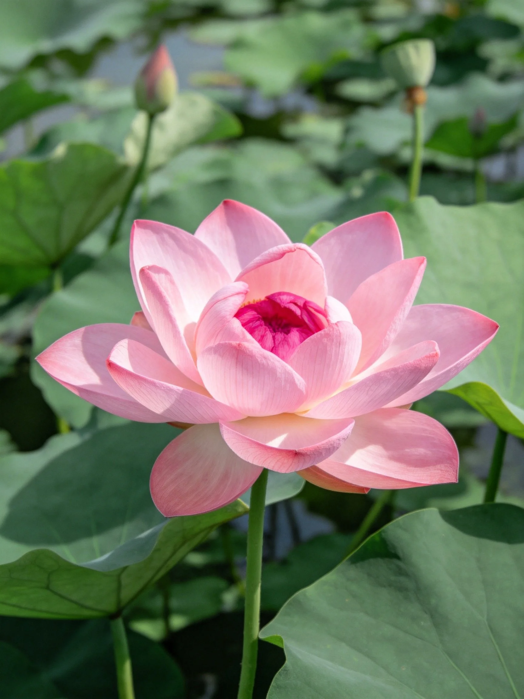 A vibrant pink lotus blooming among large green leaves