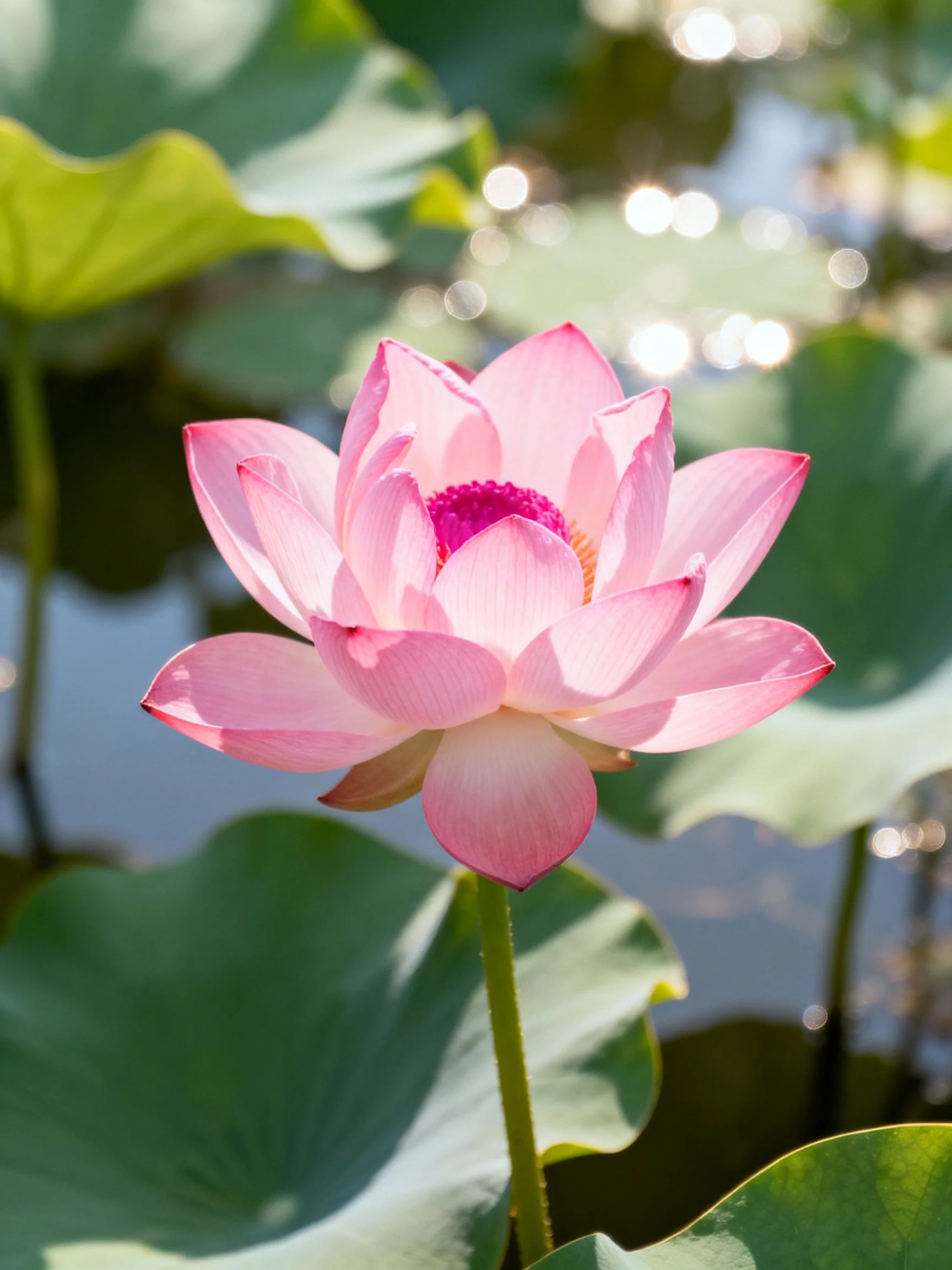 A vibrant pink lotus blooming among large green leaves