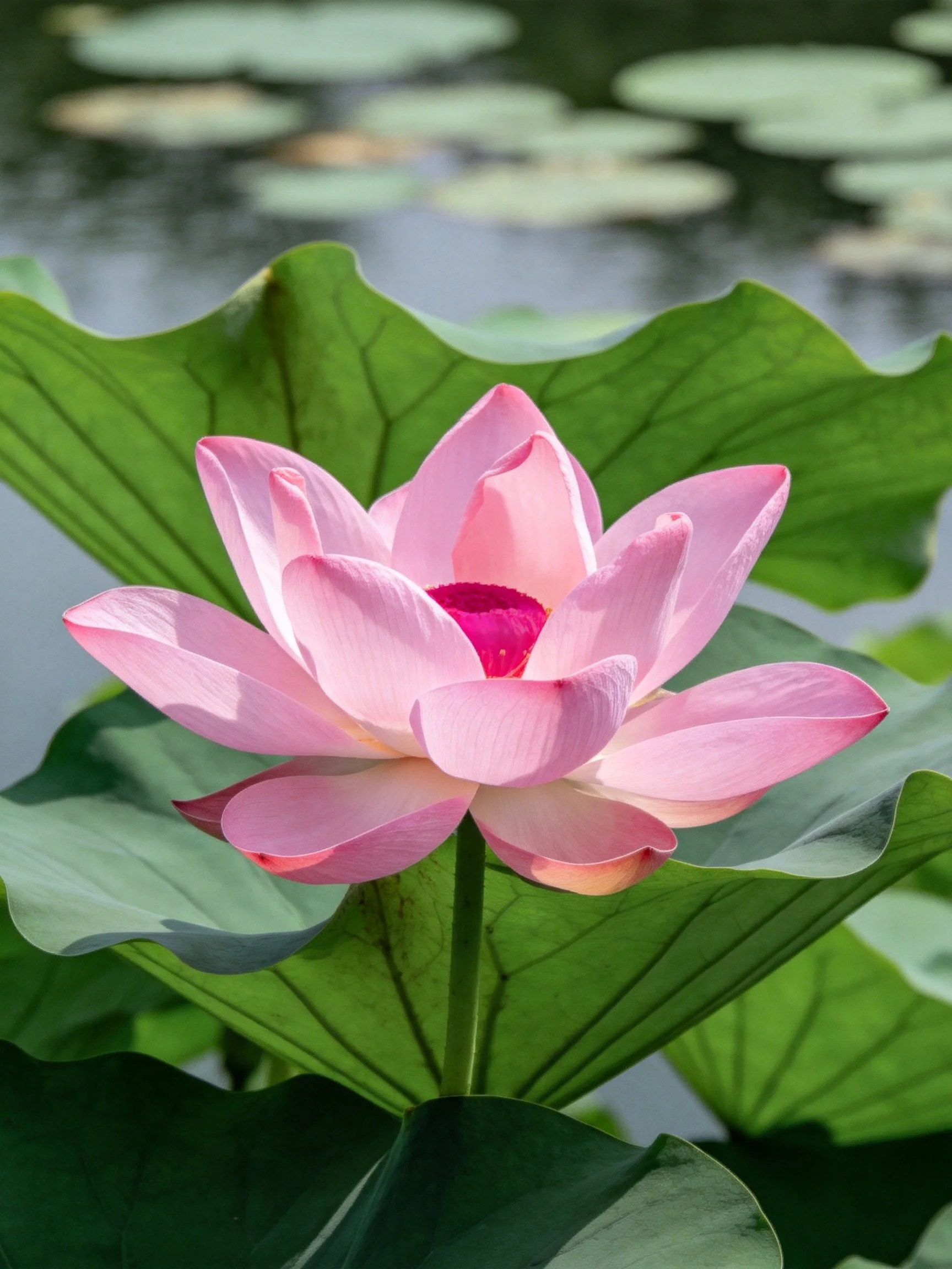 A vibrant pink lotus blooming among large green leaves