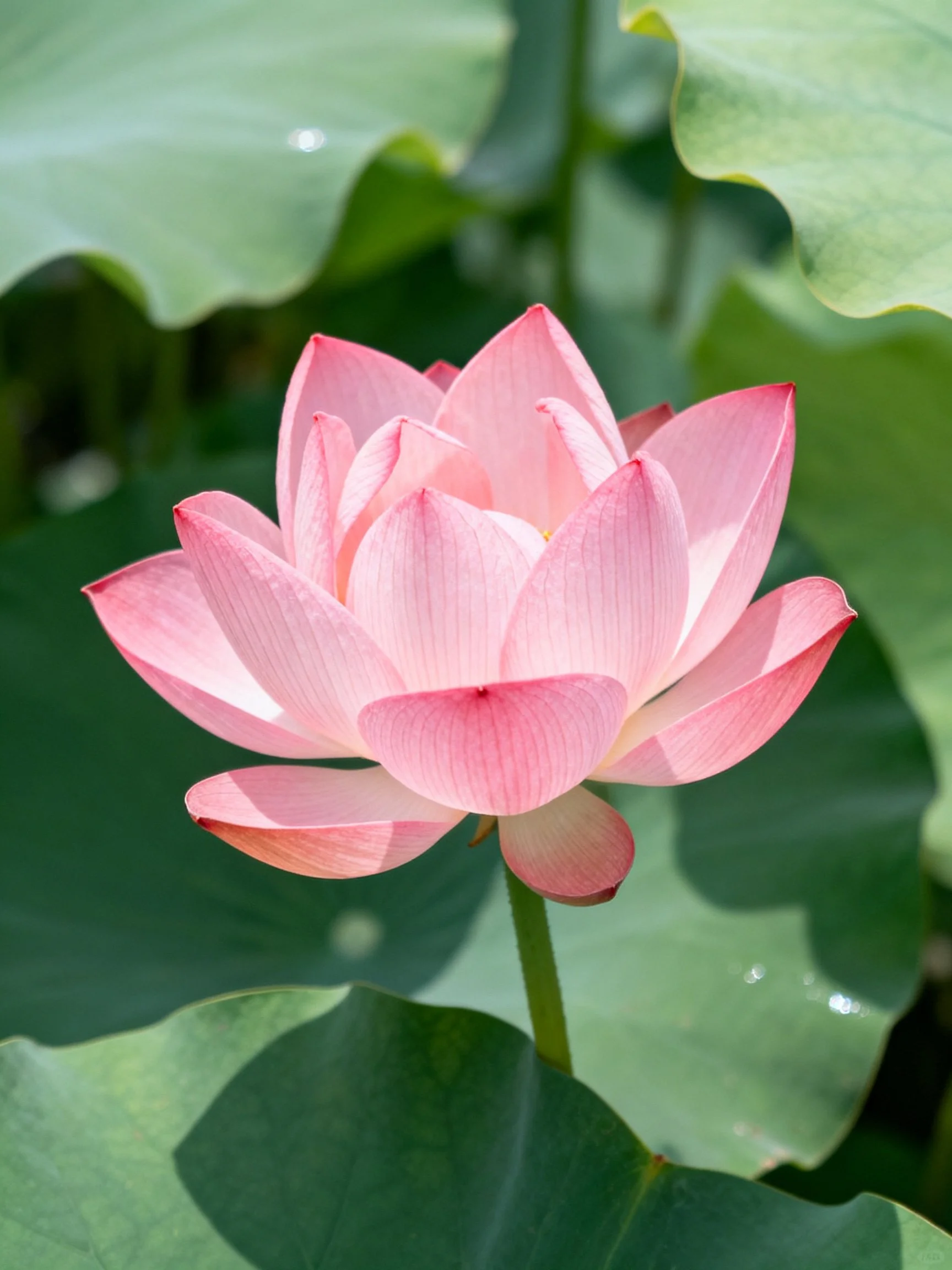 A vibrant pink lotus blooming among largegreen leaves
