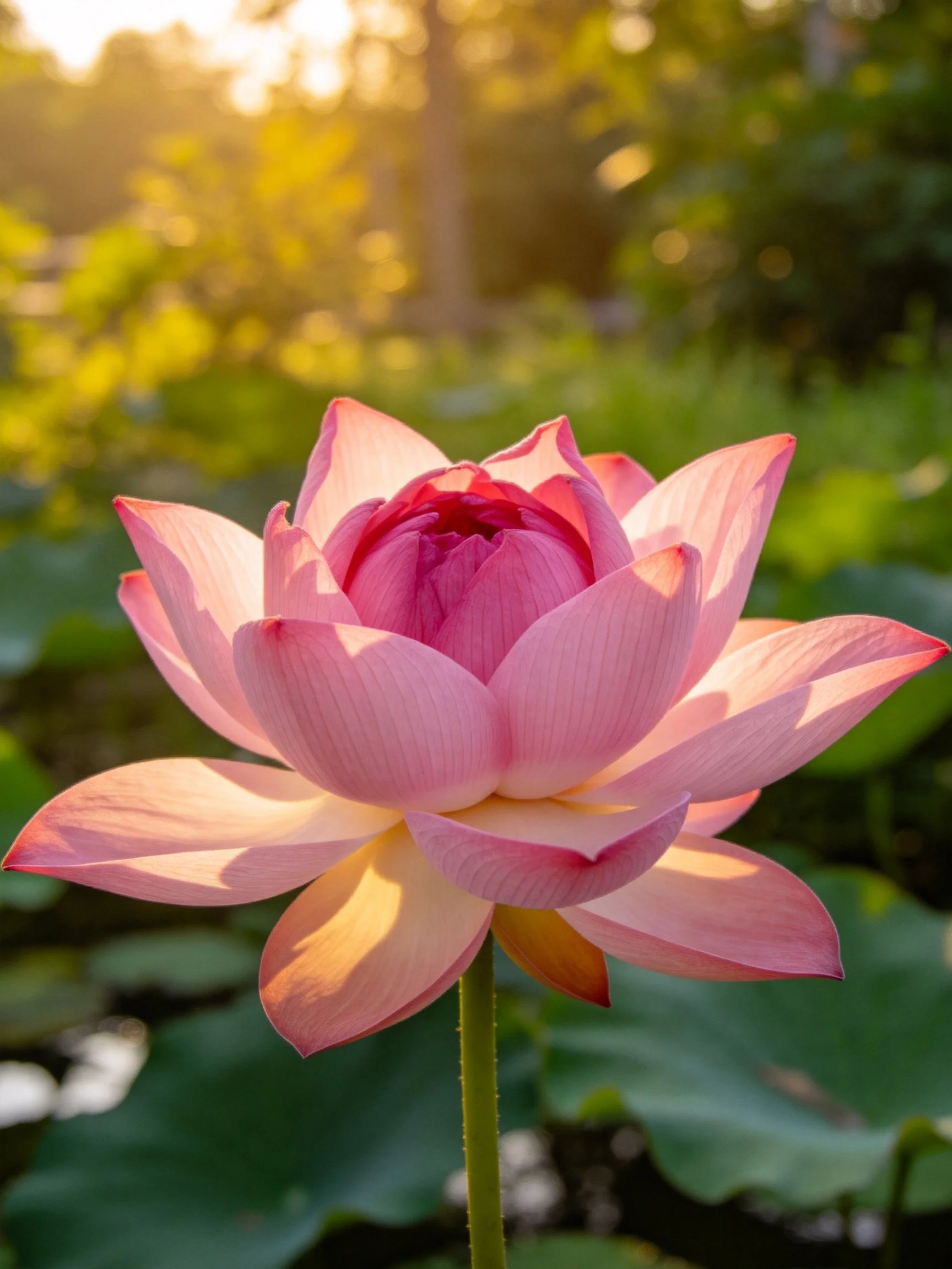 A vibrant pink lotus blooming in a sunlit garden