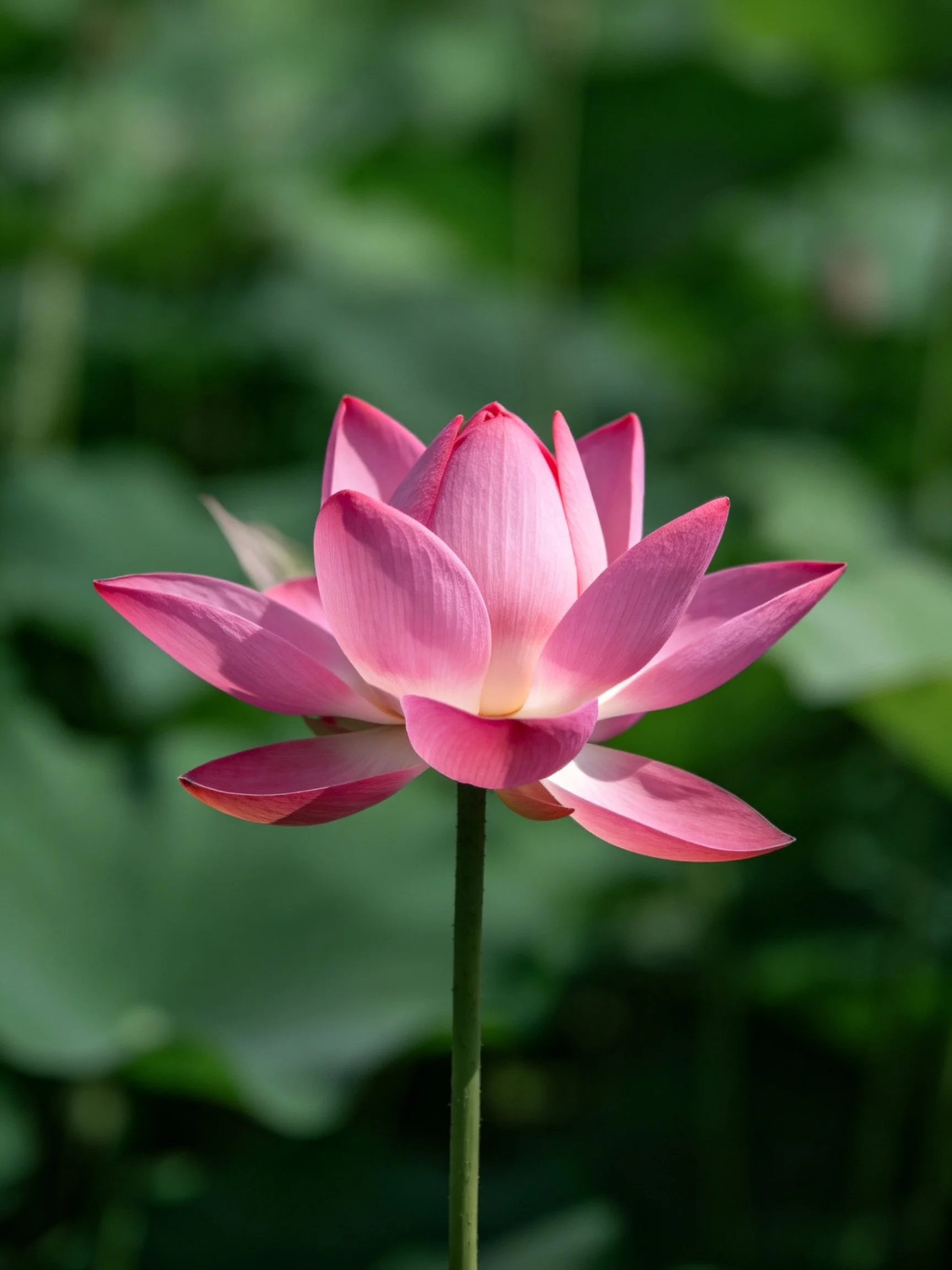 A vibrant pink lotus blooms against lush green foliage