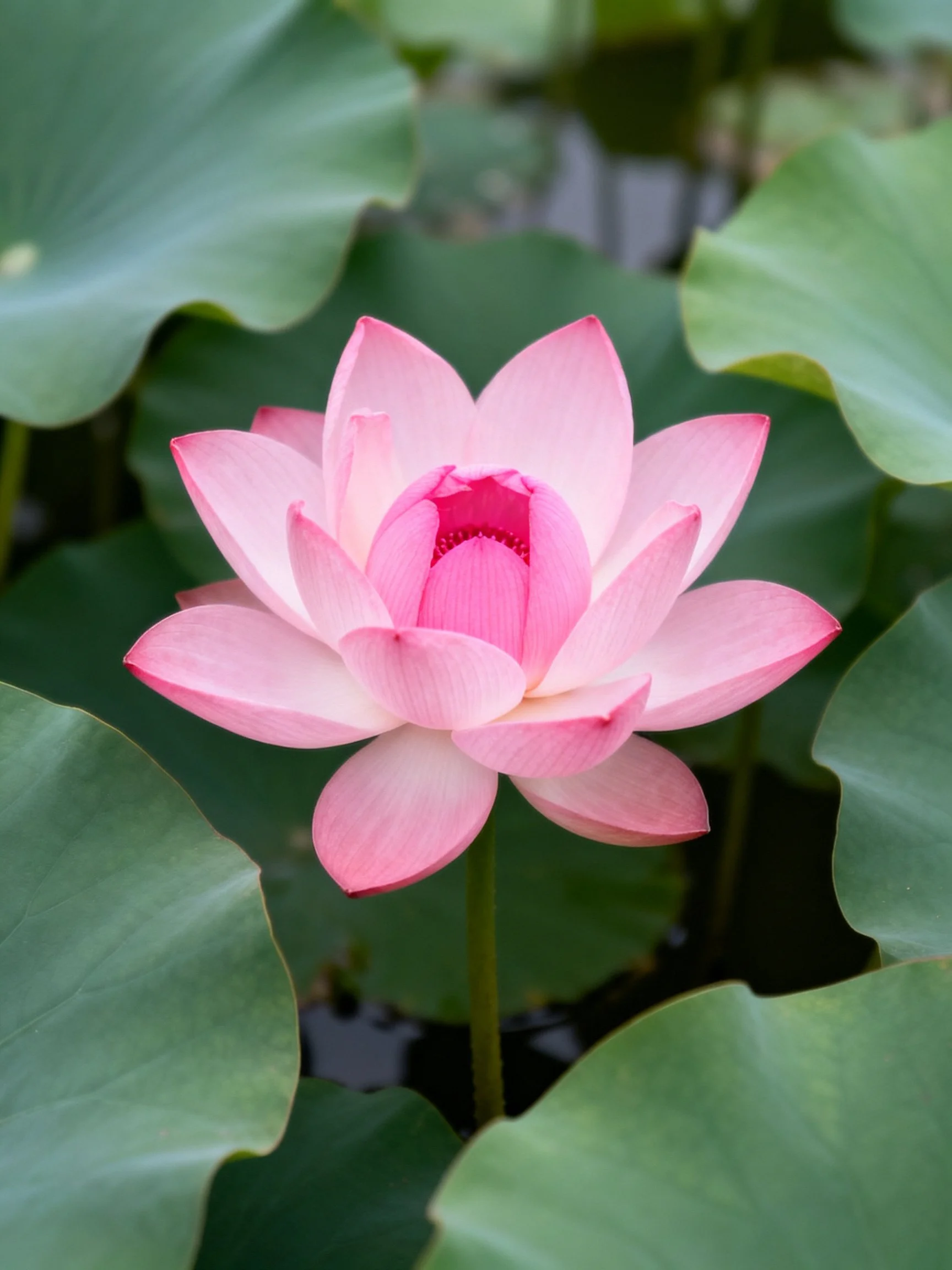 A vibrant pink lotus blooms amid broad green leaves