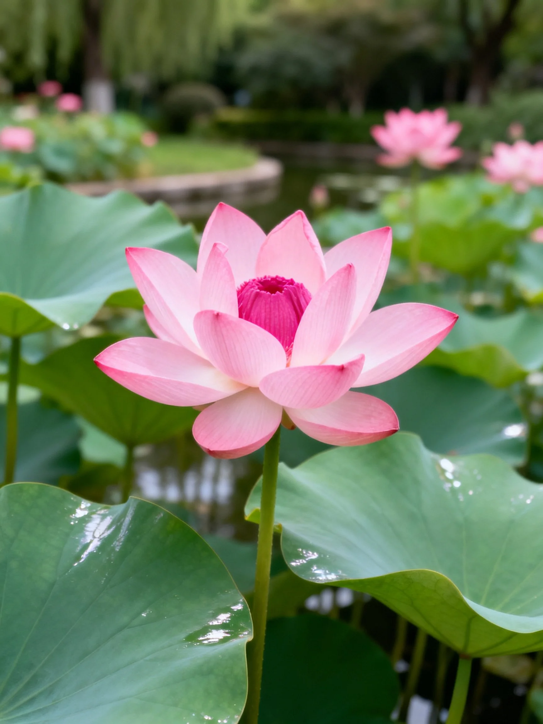 A vibrant pink lotus blooms amid broad green lily pads in a tranquil pond