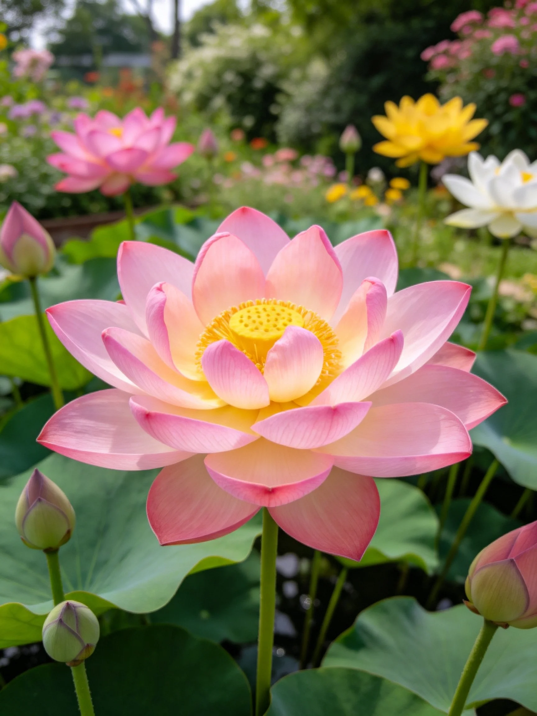 A vibrant pink lotus blooms amid colorful flowers and large green leaves