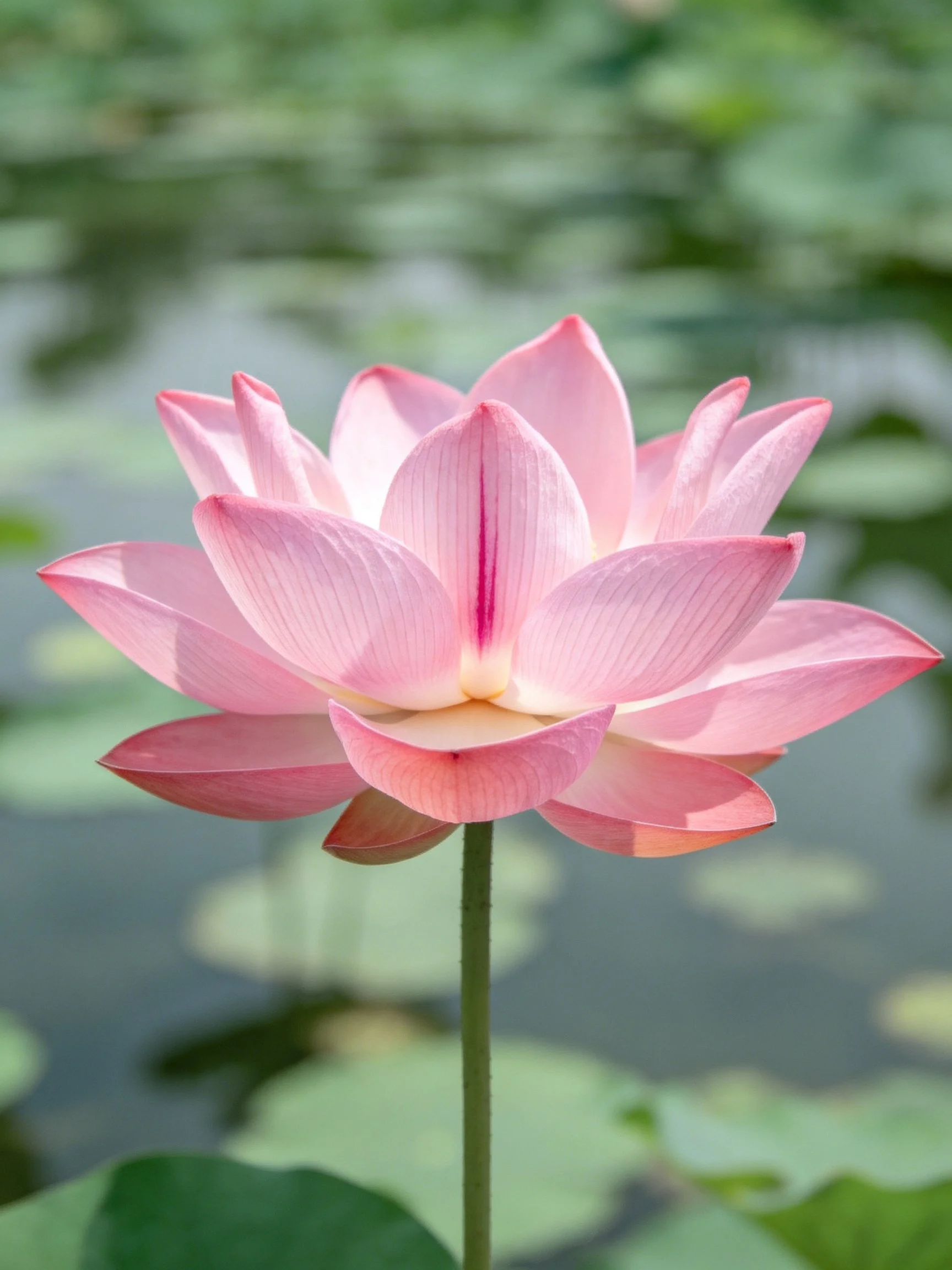 A vibrant pink lotus blooms amid green foliage by calm water