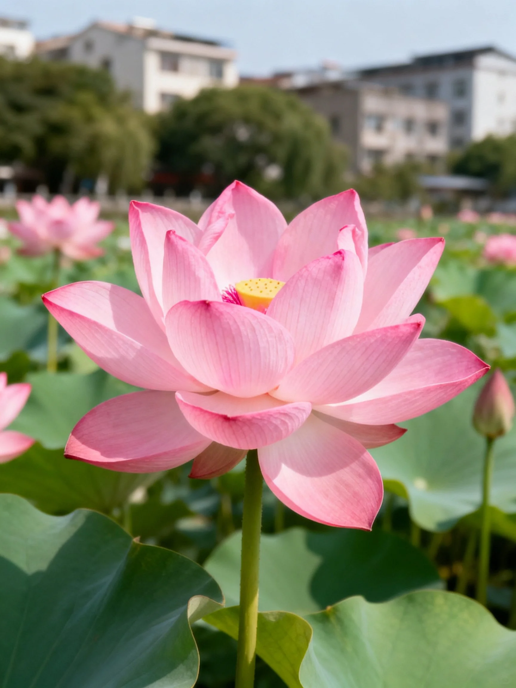 A vibrant pink lotus blooms amid green lily pads near city buildings