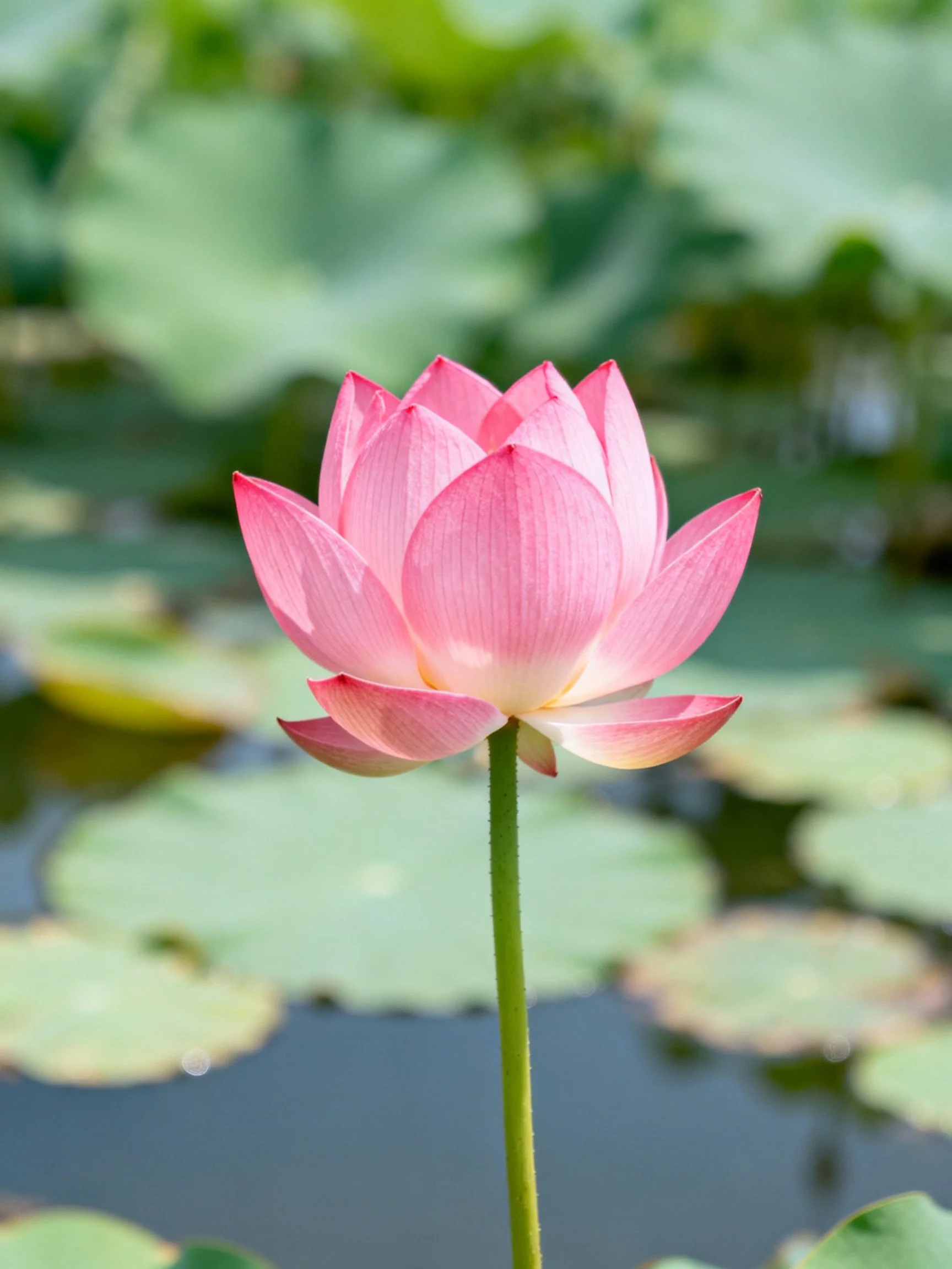 A single pink lotus blooms near water with green lily pads.