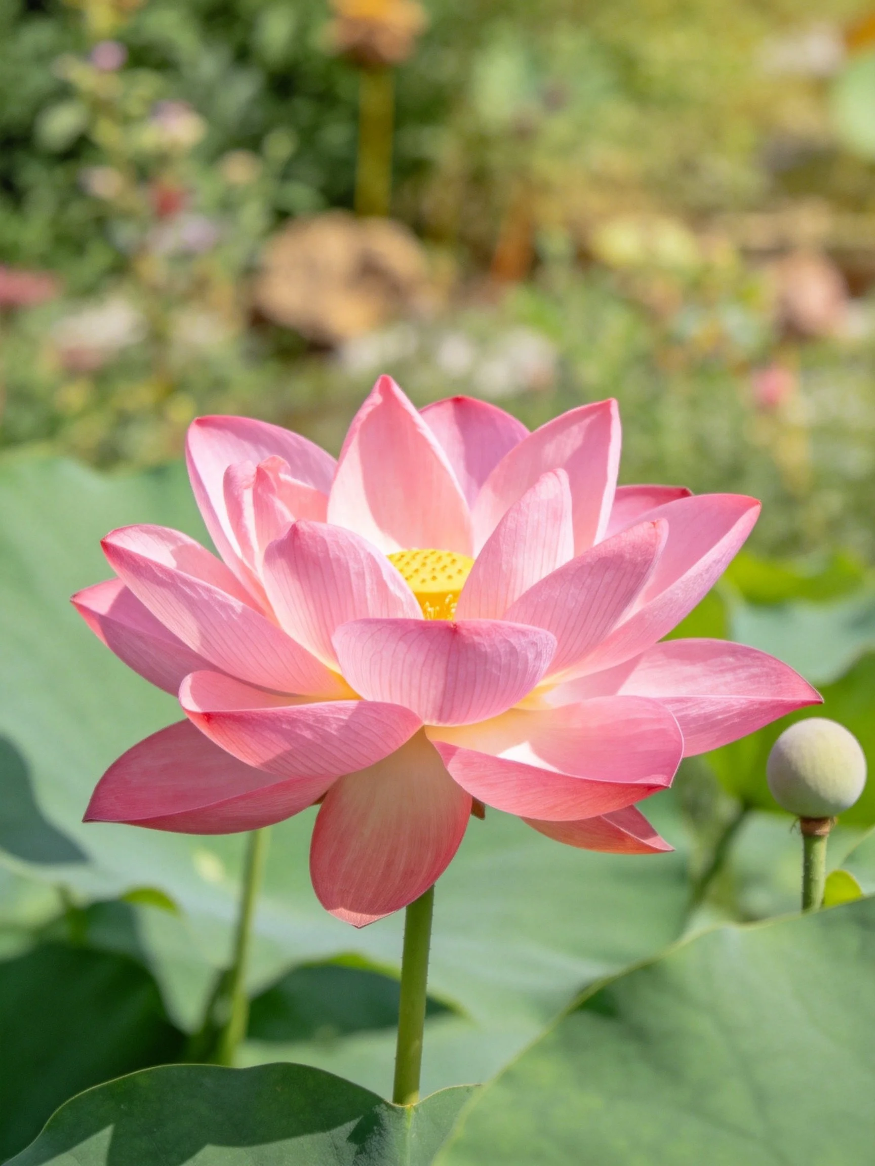 A vibrant pink lotus blooms among green foliage.