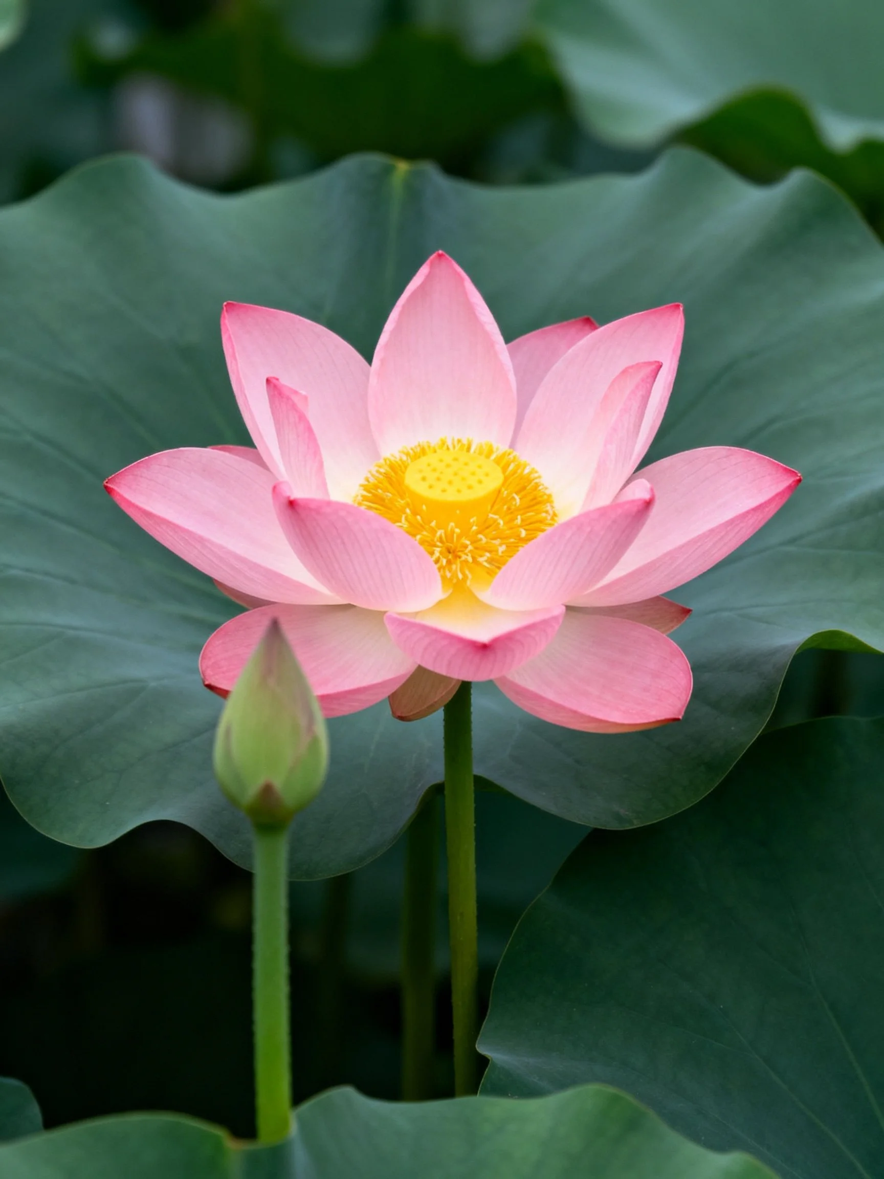 A vibrant pink lotus blooms amid large green leaves