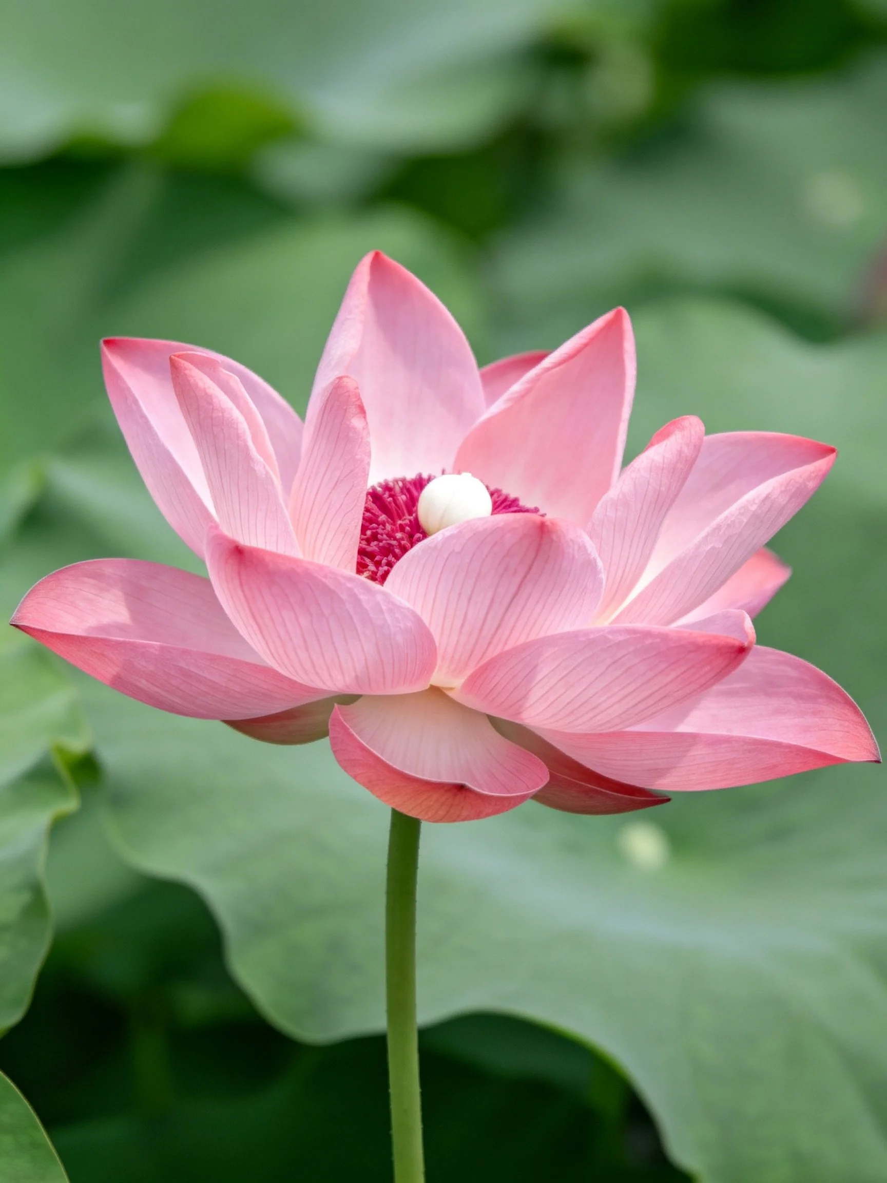 A vibrant pink lotus blooms amid large green leaves