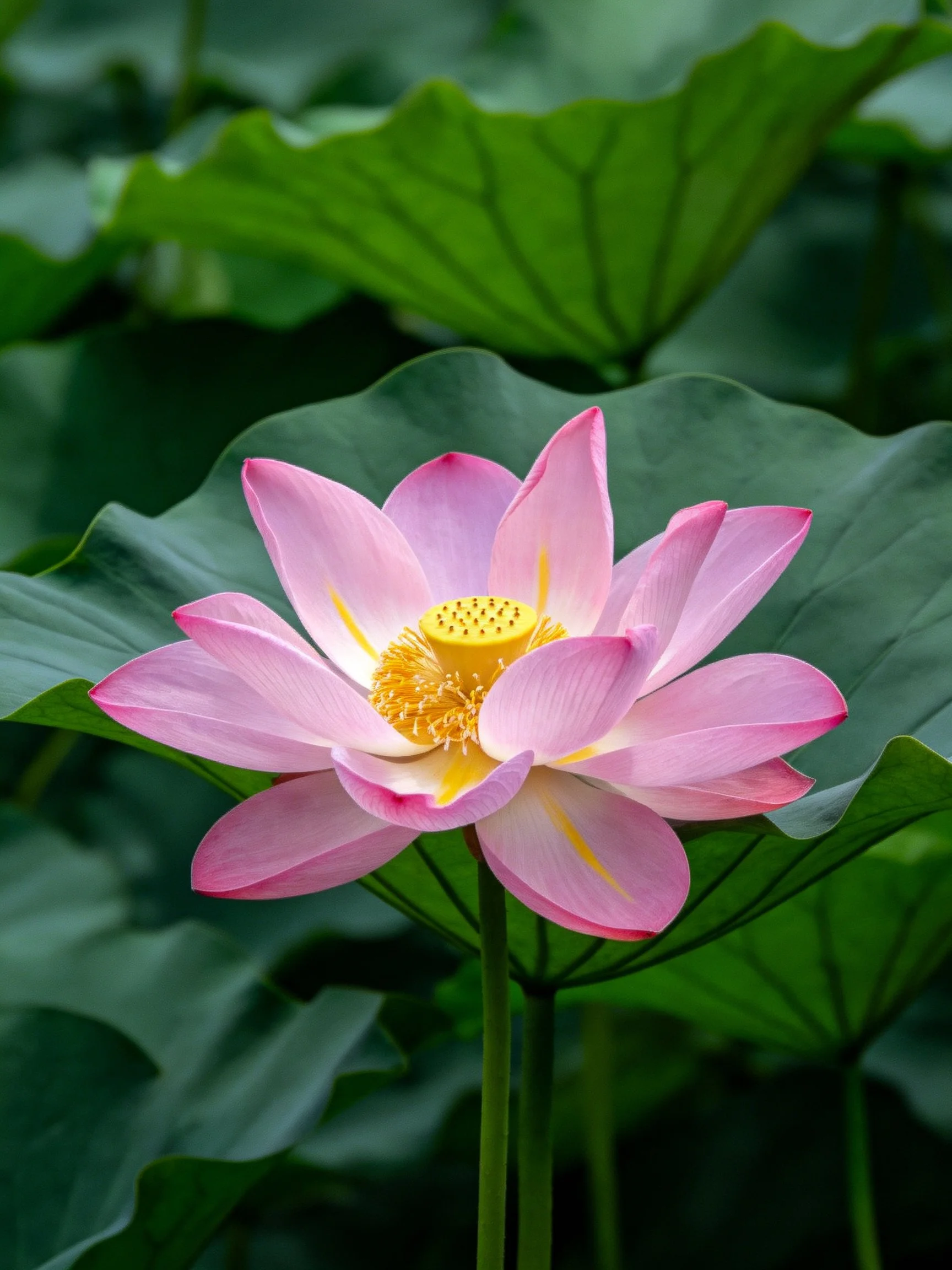 A vibrant pink lotus blooms amid large green leaves