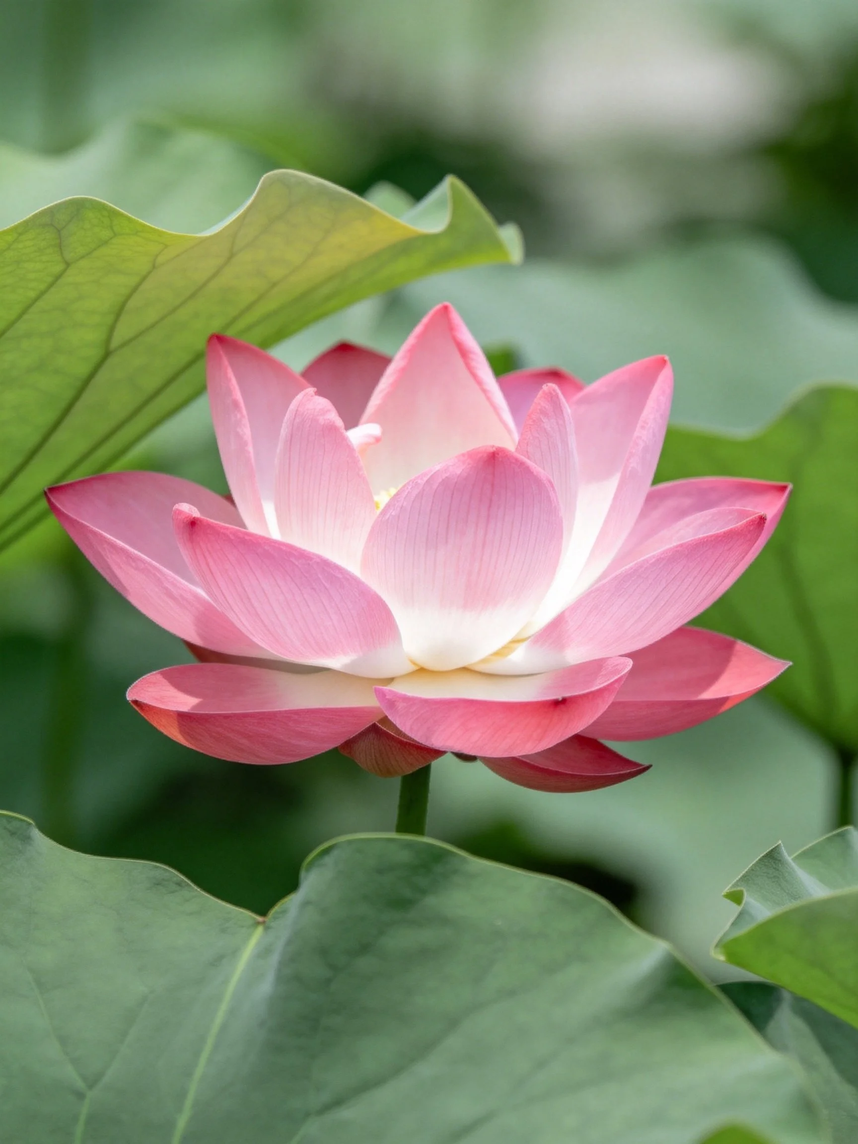 A vibrant pink lotus blooms amid large green leaves