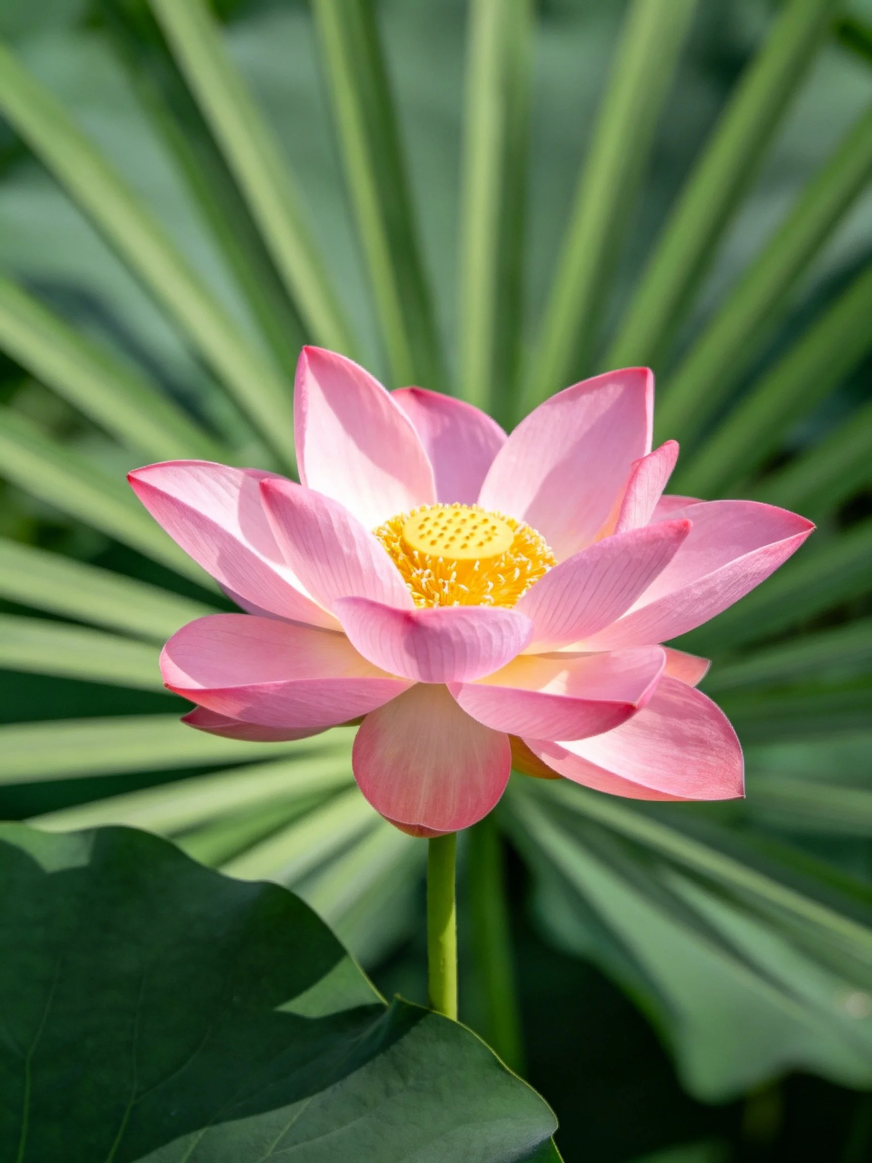 A vibrant pink lotus blooms amid large green leaves