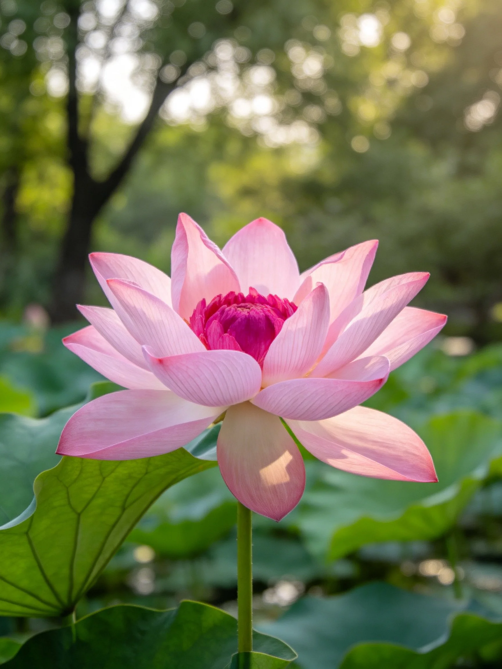 A vibrant pink lotus blooms amid lush green foliage