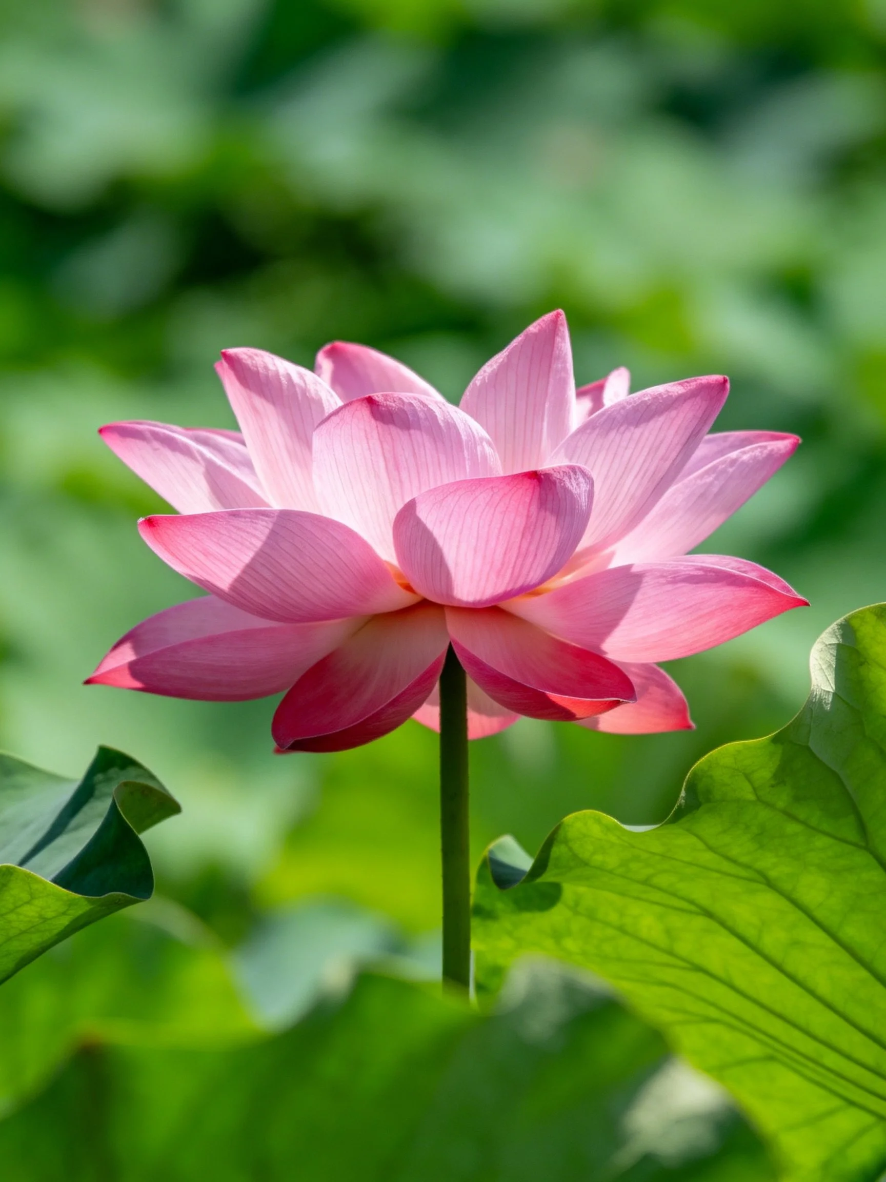 A vibrant pink lotus blooms amid lush green foliage
