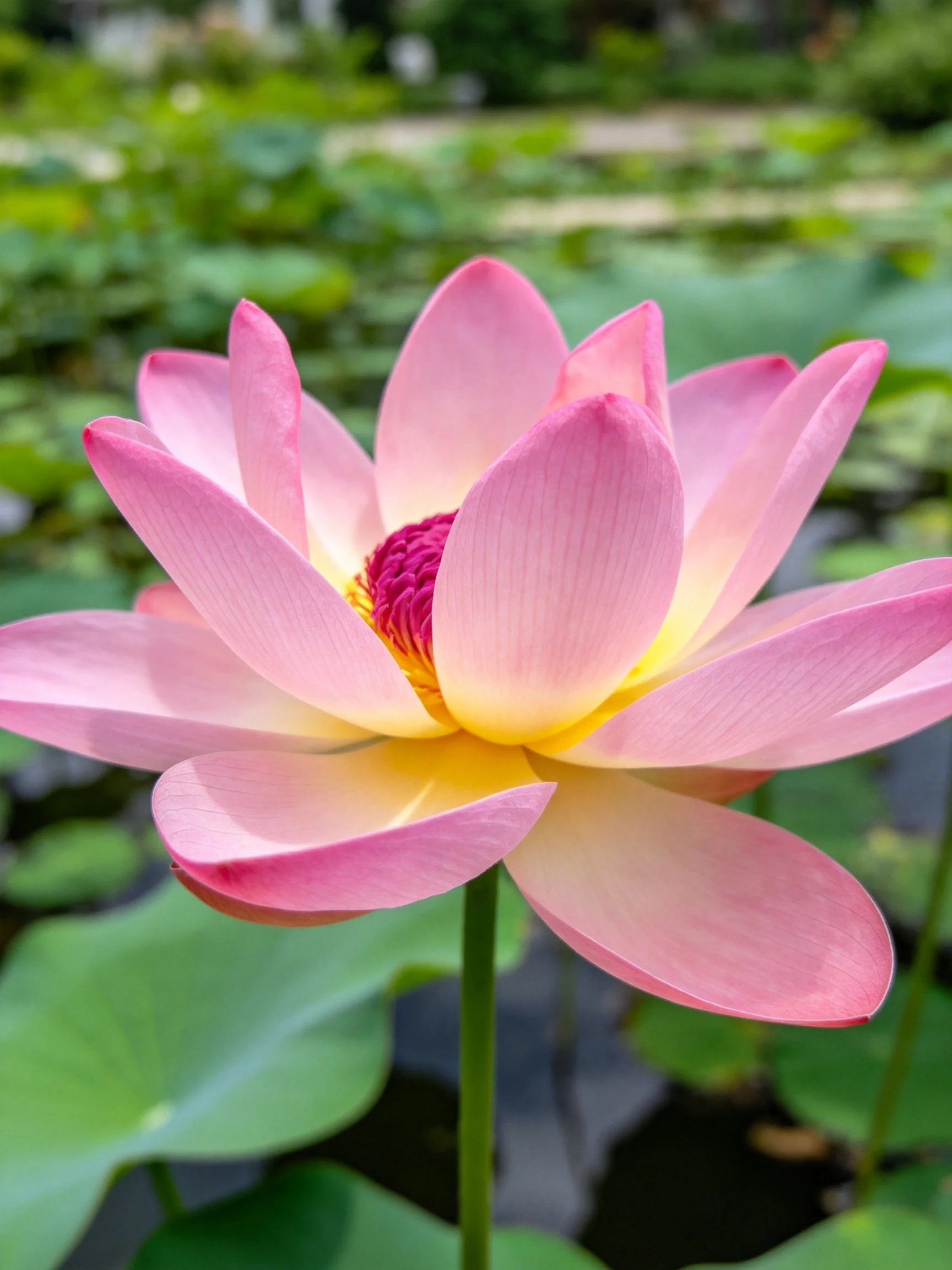 A vibrant pink lotus blooms amid lush green foliage