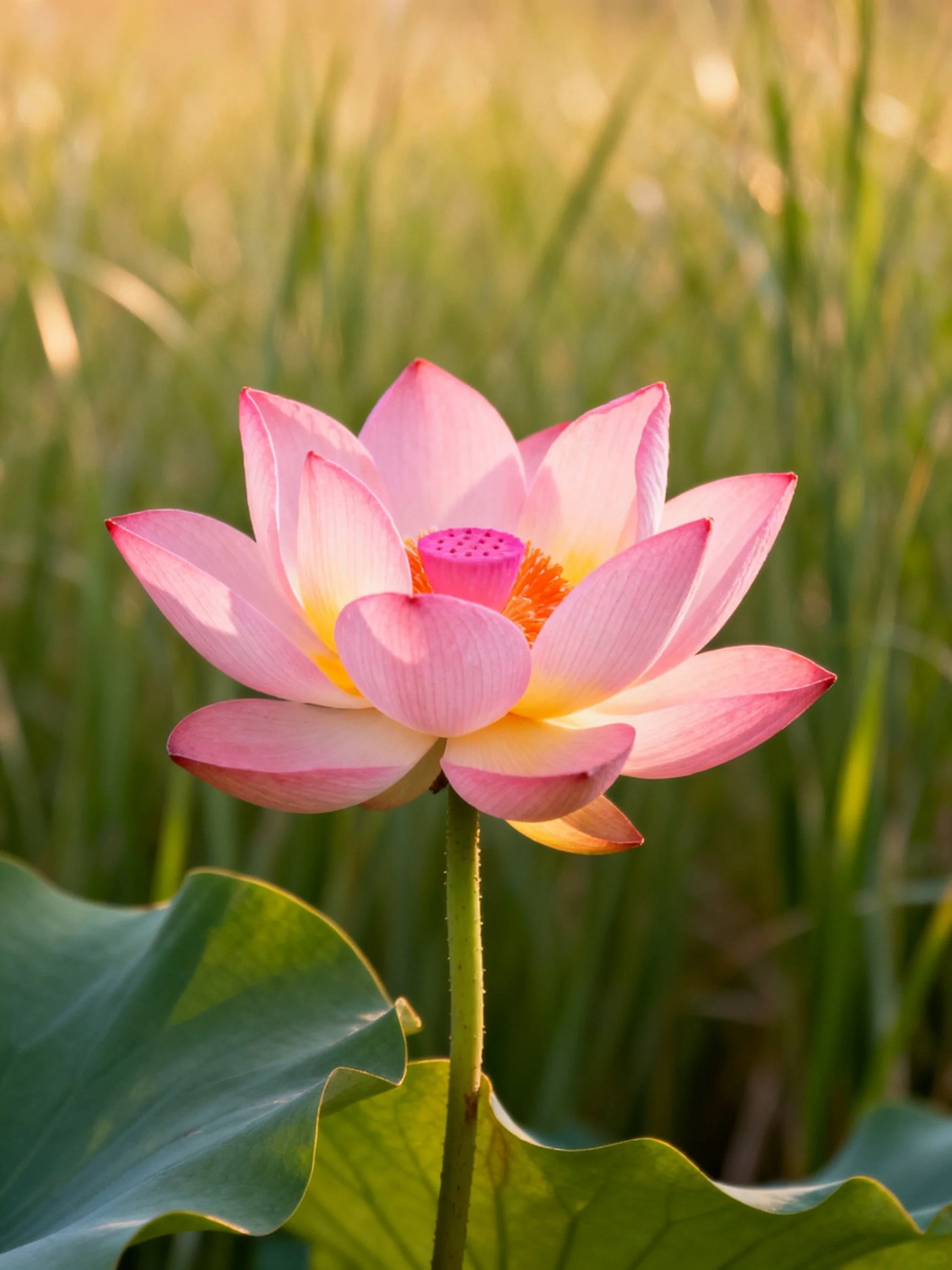 A vibrant pink lotus blooms amid lush green foliage