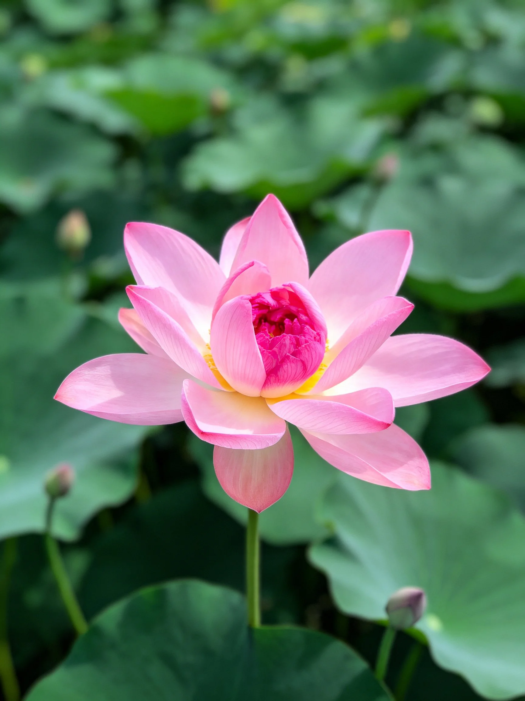 A vibrant pink lotus blooms amid lush green foliage