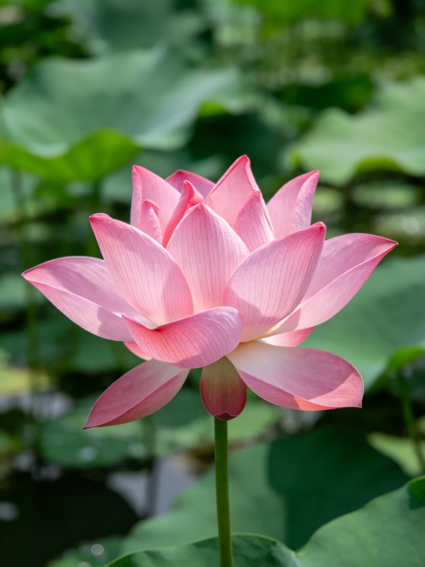 A vibrant pink lotus blooms amid lush green foliage