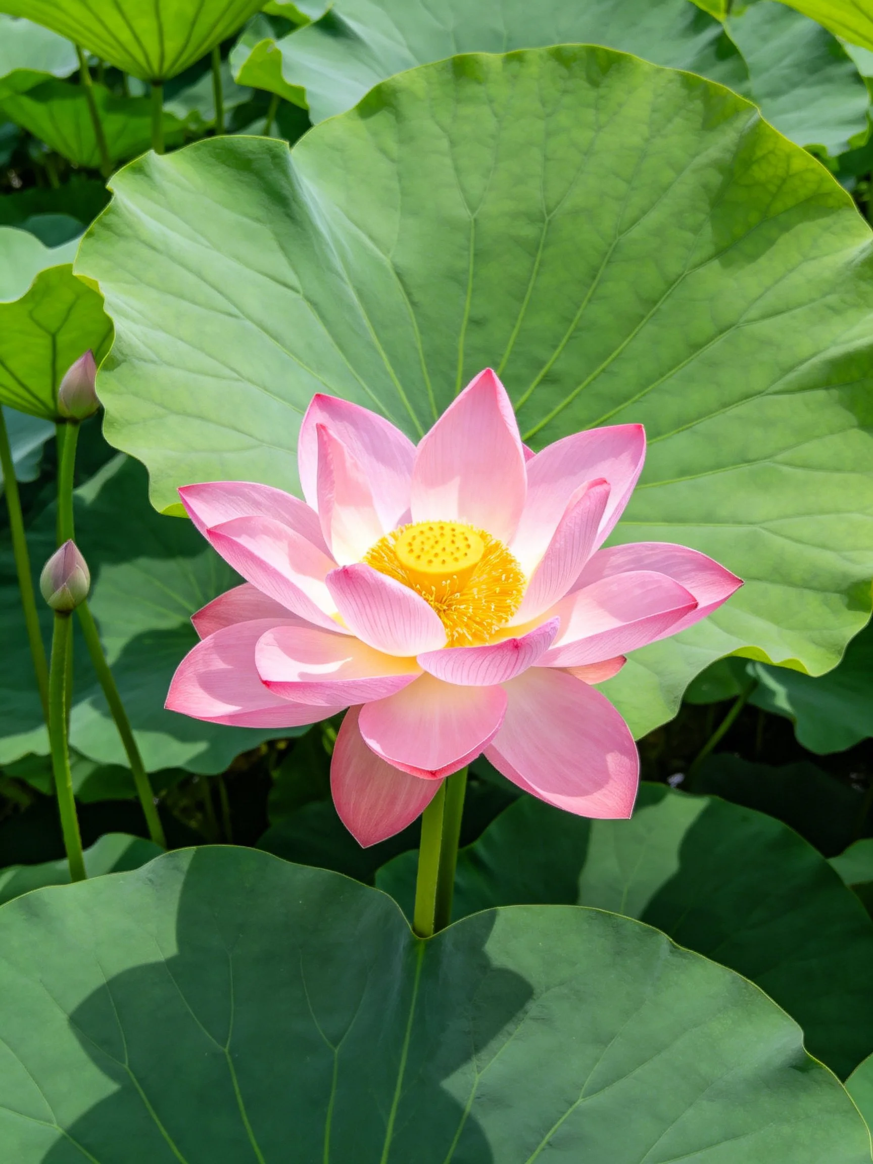 A vibrant pink lotus blooms among broad green leaves