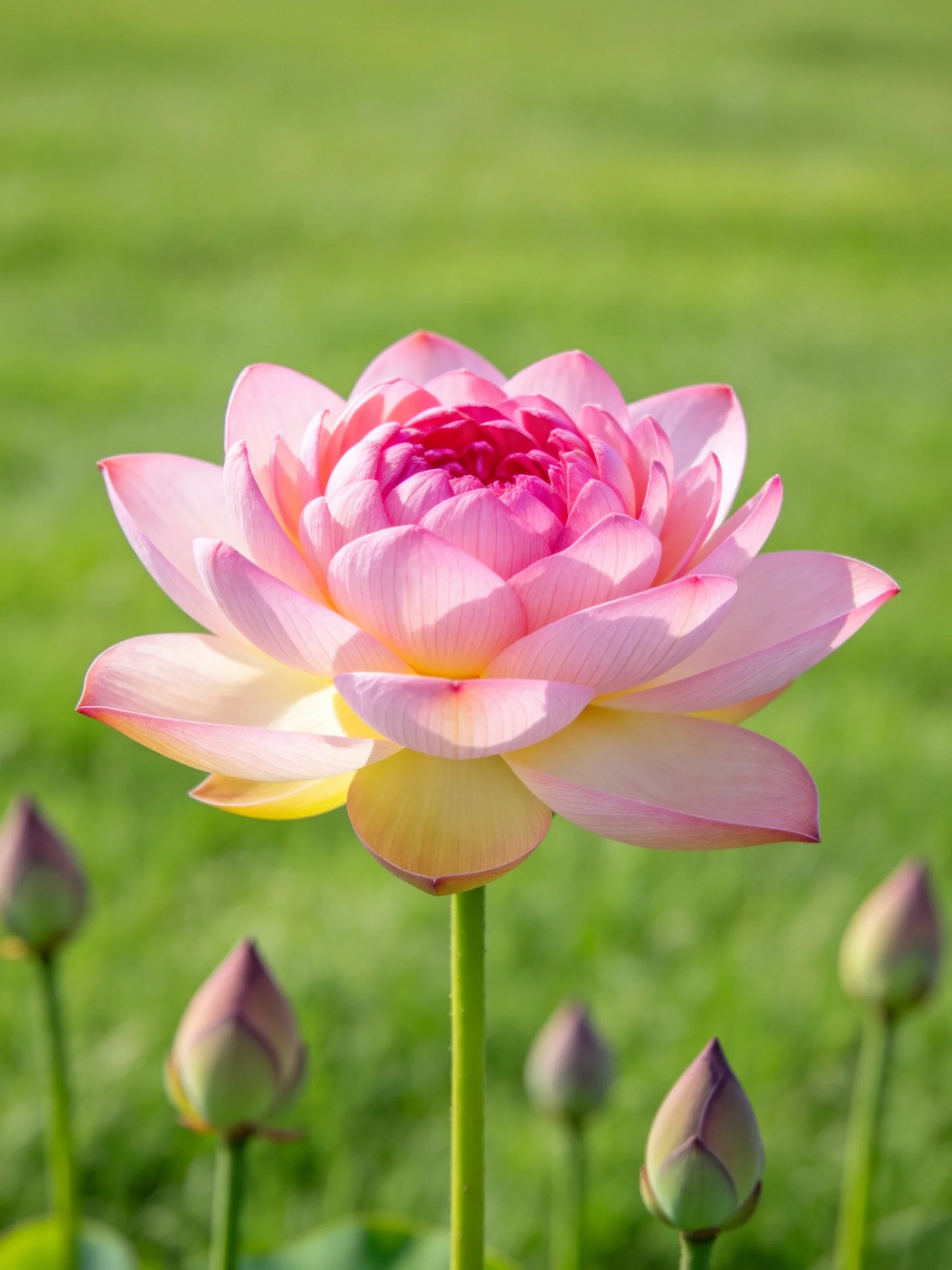 A vibrant pink lotus blooms among green buds in a sunlit meadow