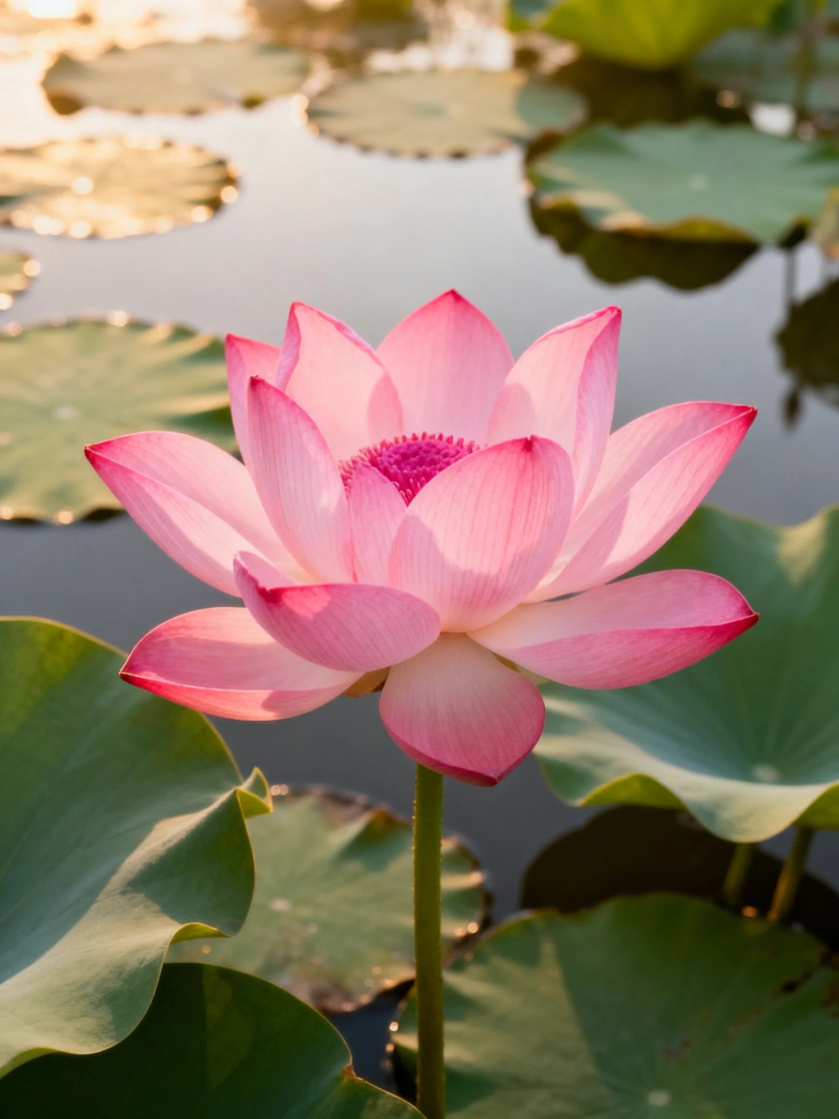 A vibrant pink lotus blooms among green lily pads by calm water