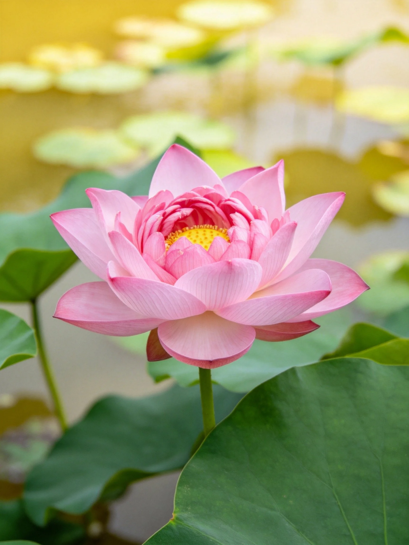 A vibrant pink lotus blooms among large green leaves
