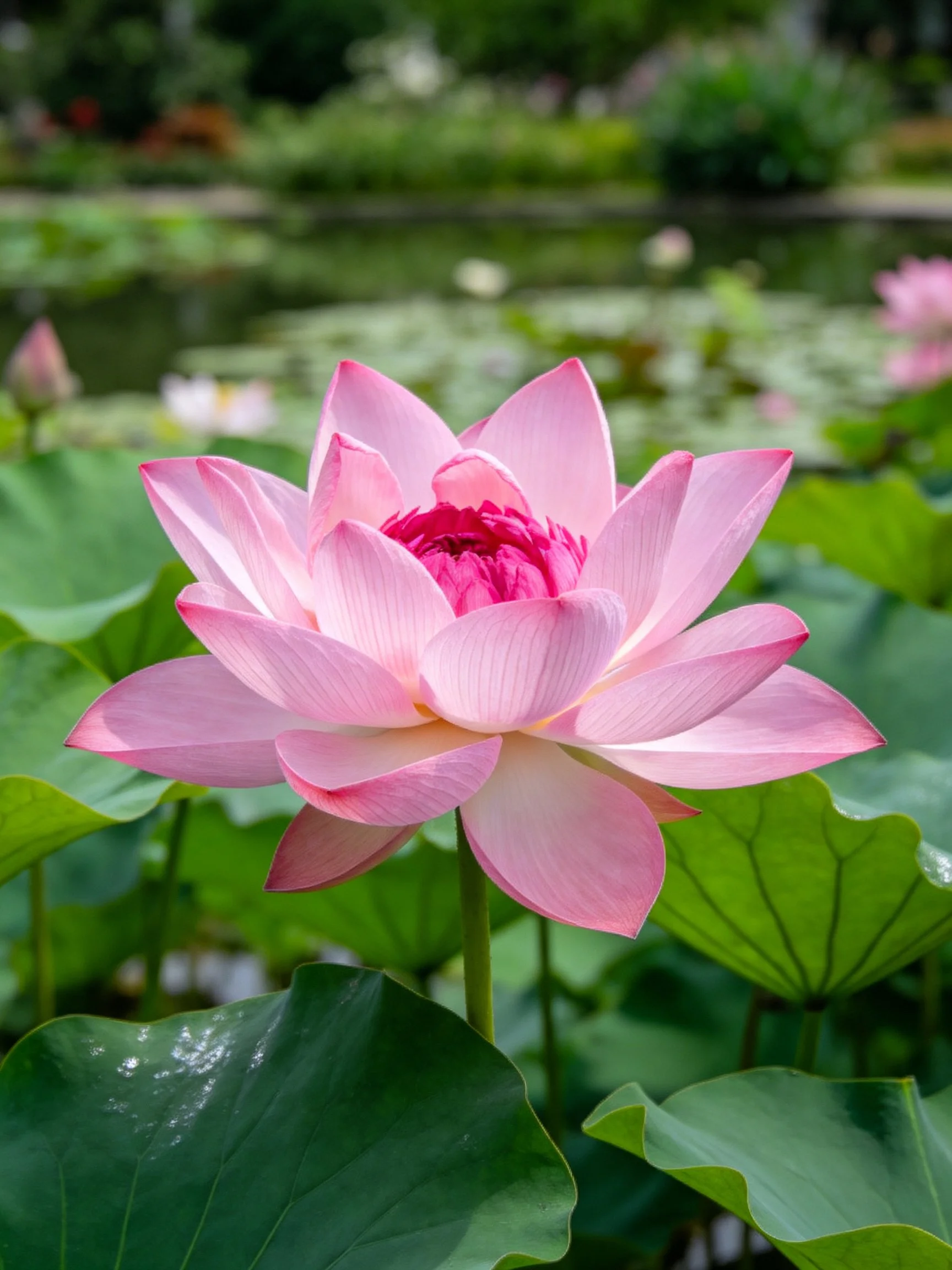 A vibrant pink lotus blooms among large green leaves by a pond