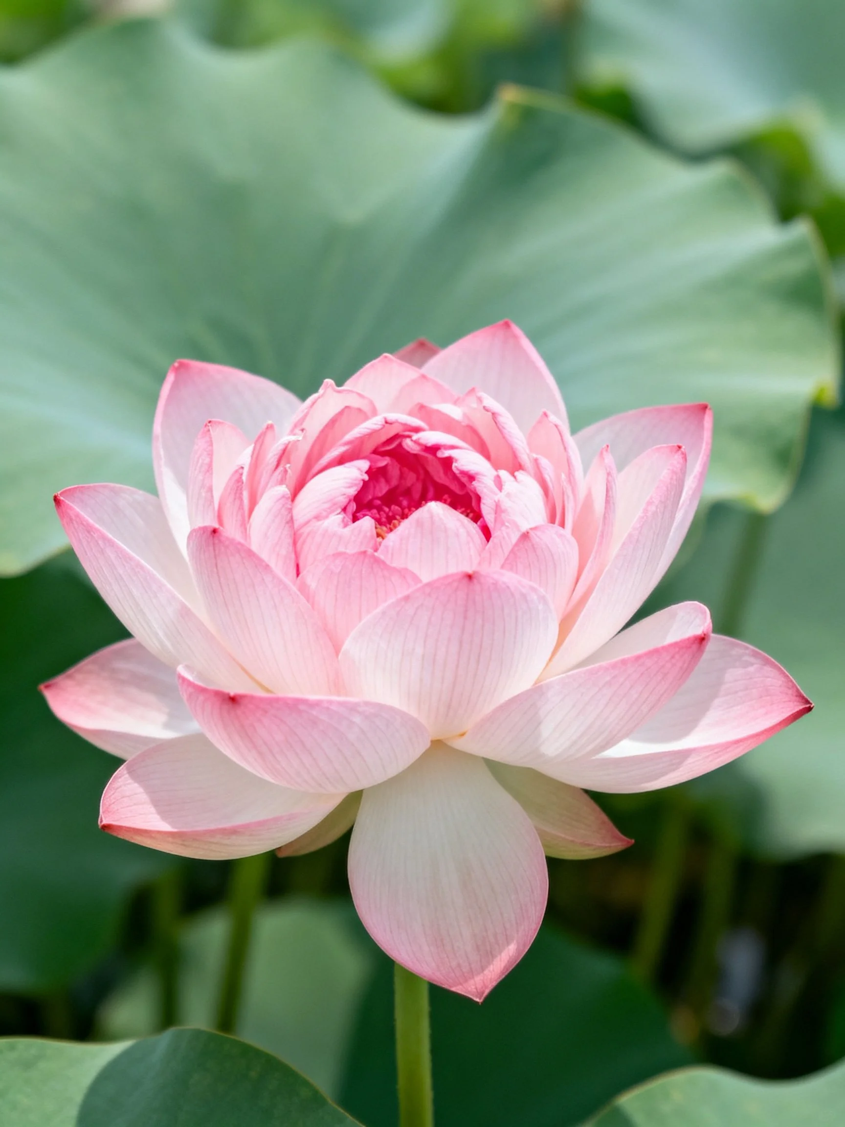 A vibrant pink lotus blooms among large green leaves