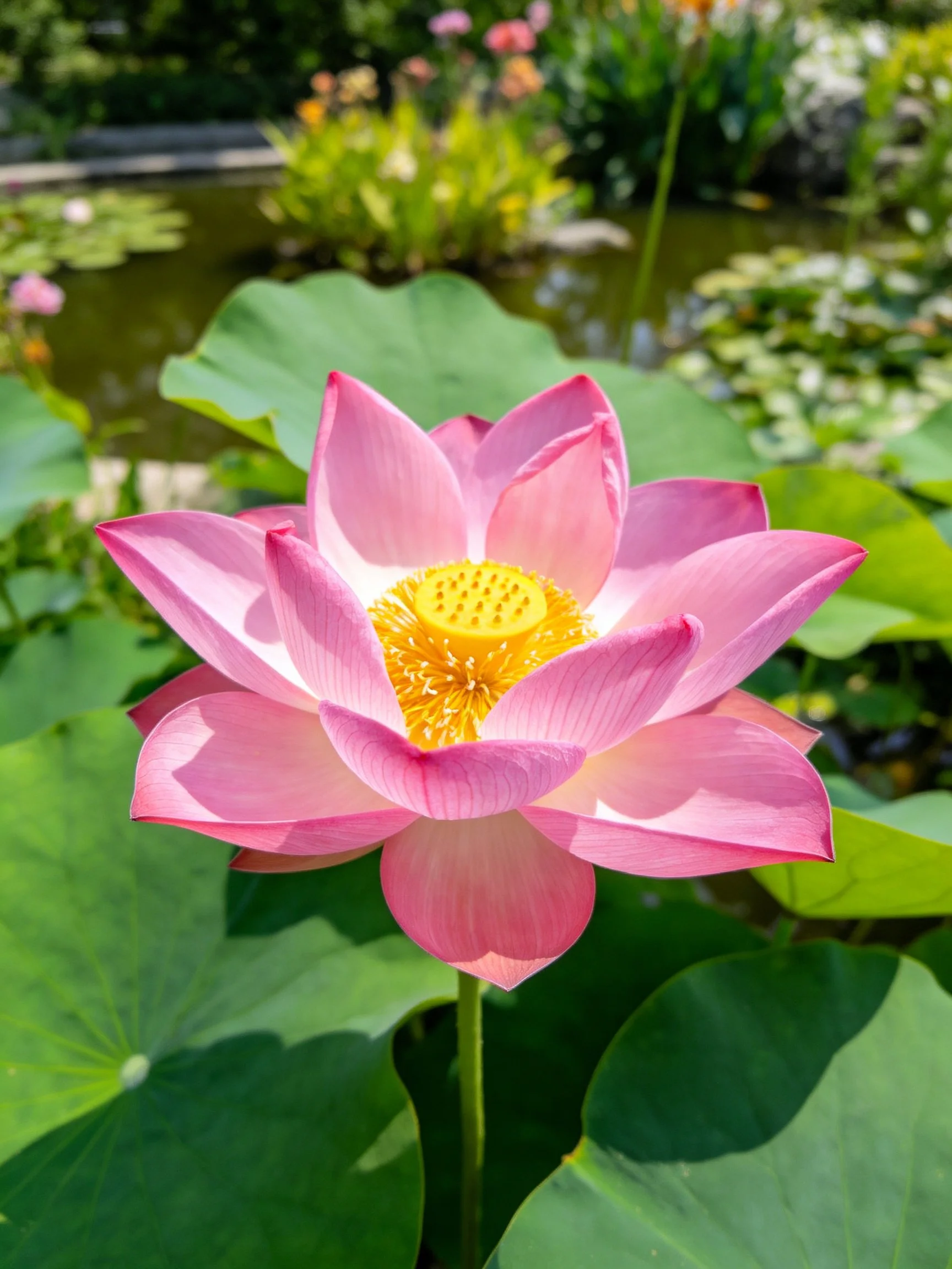A vibrant pink lotus blooms among large green leaves near a pond