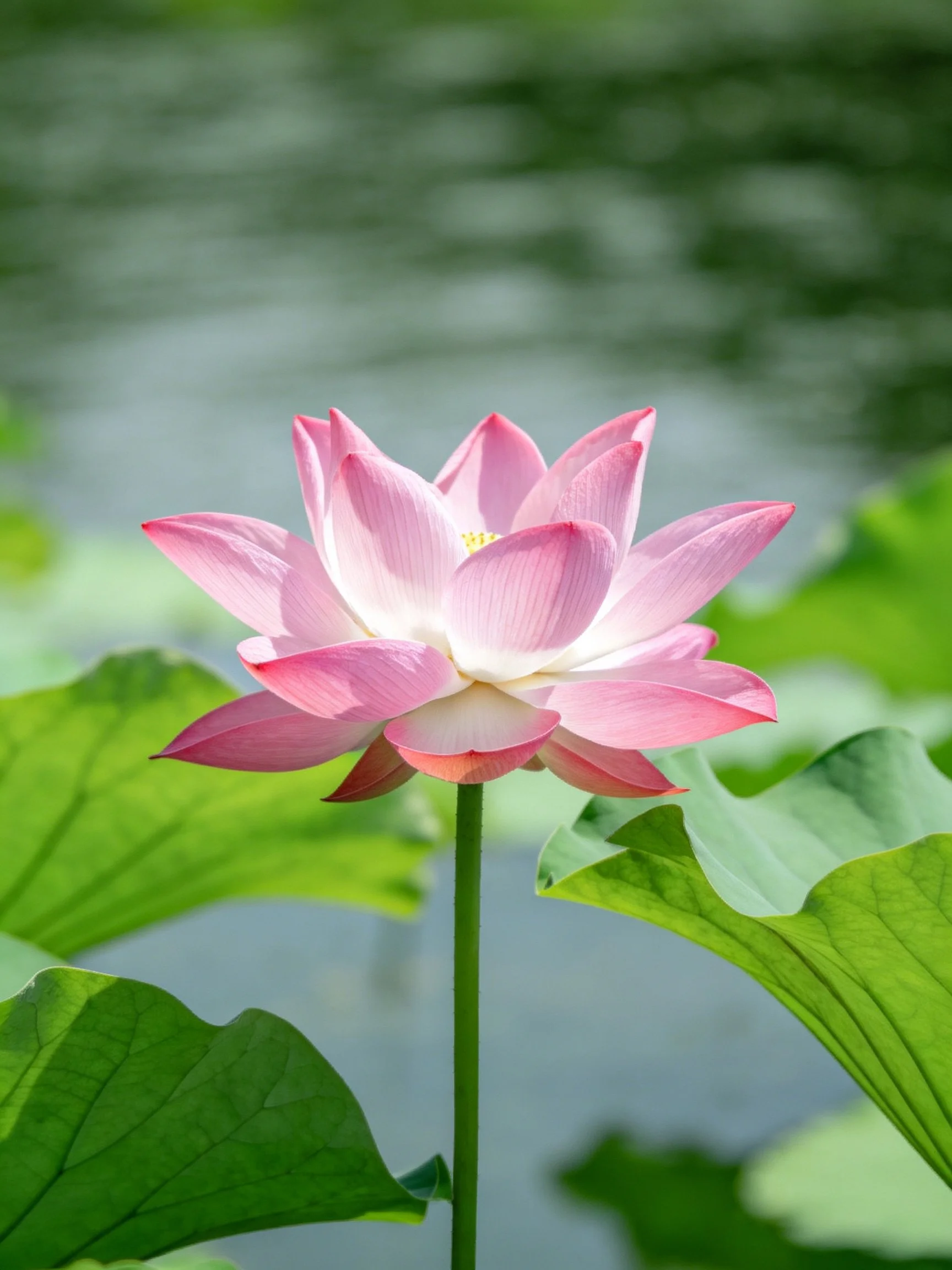 A vibrant pink lotus blooms among large green leaves near calm water
