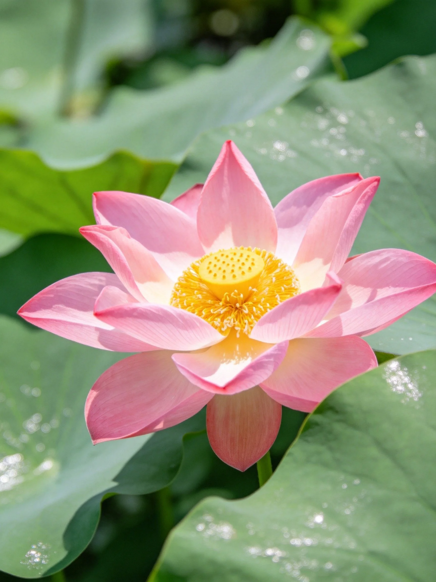A vibrant pink lotus blooms among large green leaves